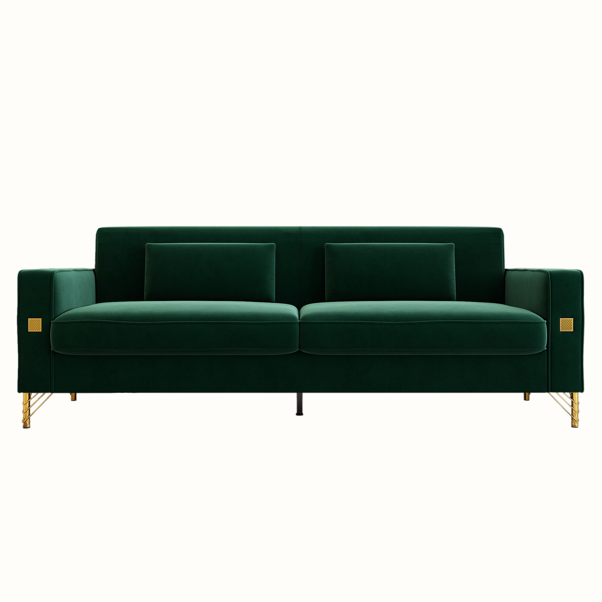 FX-P18-RG2(SOFA) Luxury Emerald Green Velvet Sofa with Gold Accents - Modern 3-Seat Couch with Plush Cushions, Perfect for Living Room and Office Decor