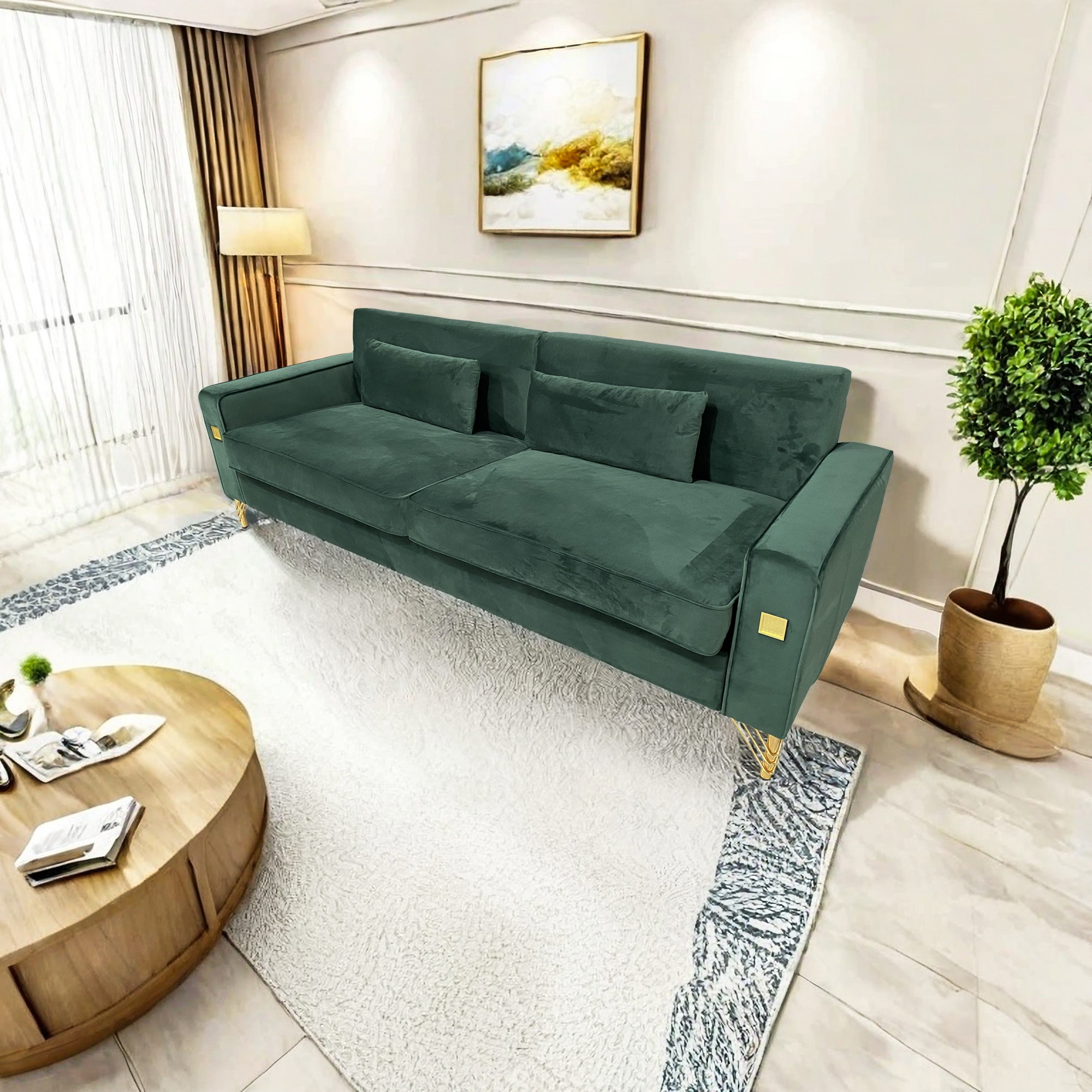 FX-P18-RG2(SOFA) Luxury Emerald Green Velvet Sofa with Gold Accents - Modern 3-Seat Couch with Plush Cushions, Perfect for Living Room and Office Decor