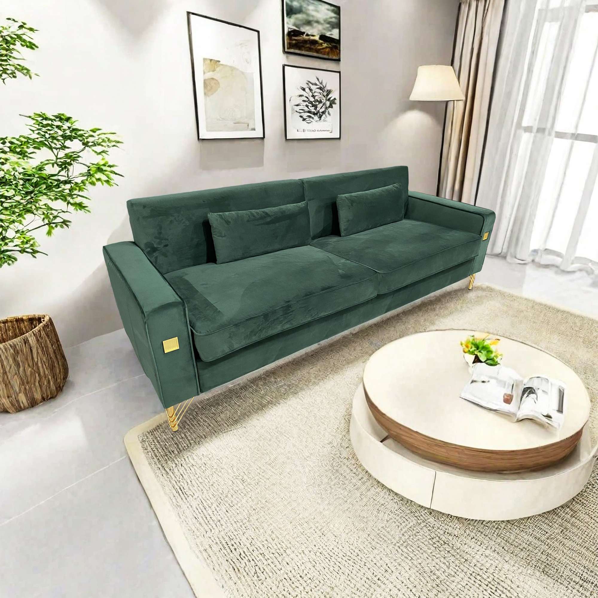 FX-P18-RG2(SOFA) Luxury Emerald Green Velvet Sofa with Gold Accents - Modern 3-Seat Couch with Plush Cushions, Perfect for Living Room and Office Decor