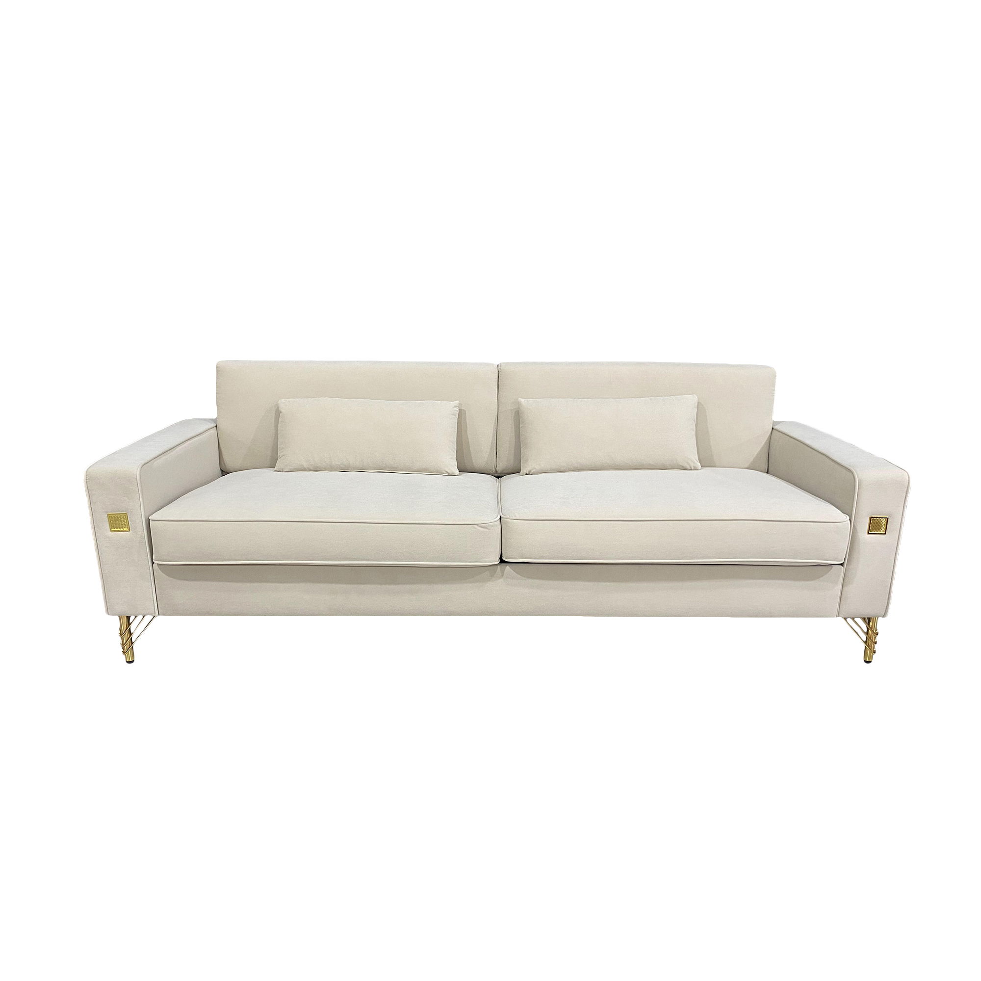 FX-P18-CW(sofa)Luxury Velvet Sofa with Gold Accents - Modern 3-Seat Couch with Plush Cushions, Perfect for Living Room and Office Decor