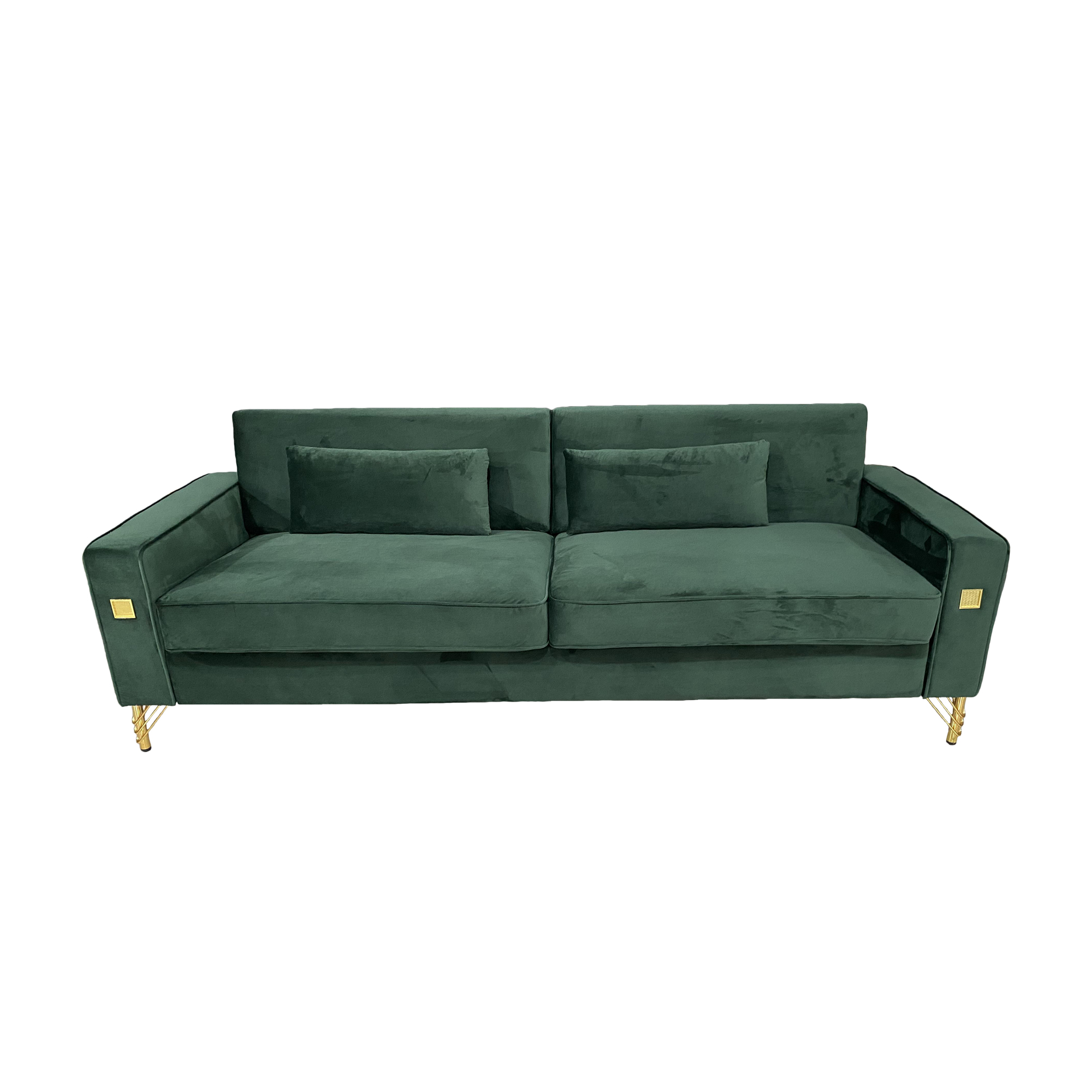 FX-P18-RG2(SOFA) Luxury Emerald Green Velvet Sofa with Gold Accents - Modern 3-Seat Couch with Plush Cushions, Perfect for Living Room and Office Decor