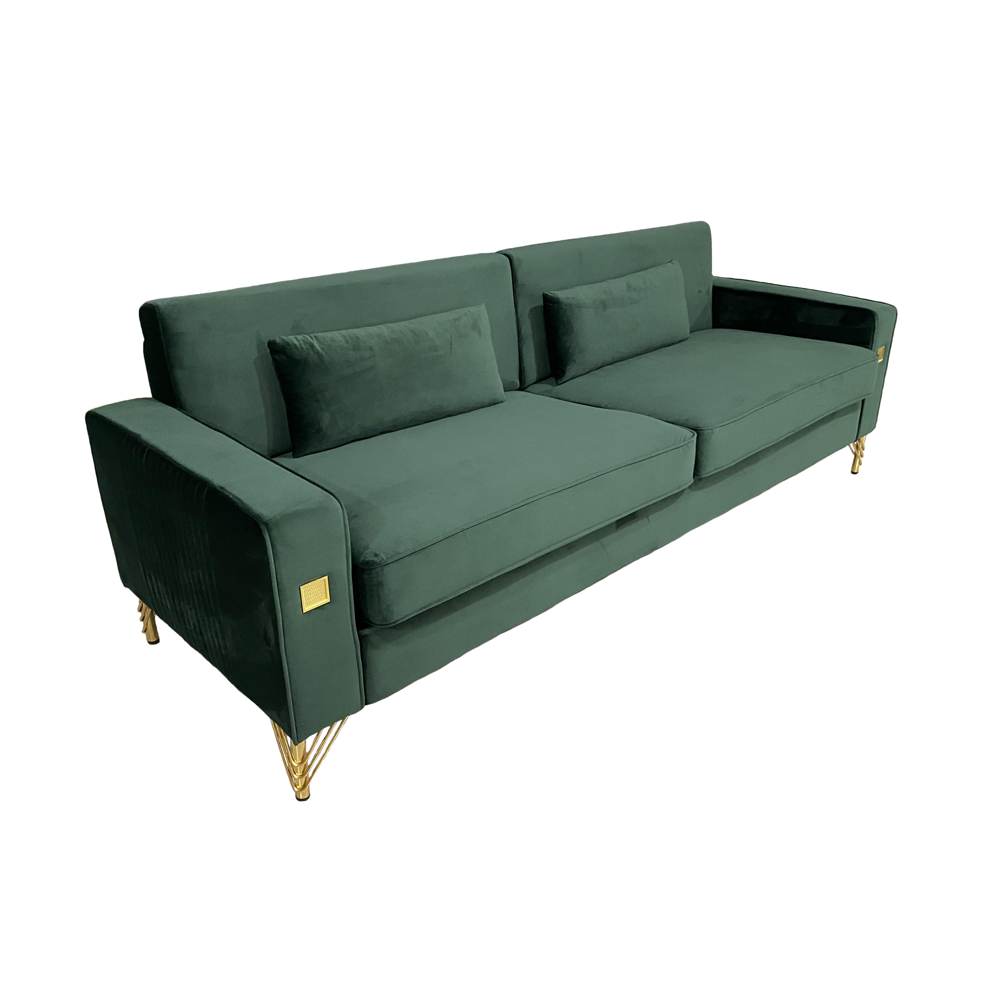 FX-P18-RG2(SOFA) Luxury Emerald Green Velvet Sofa with Gold Accents - Modern 3-Seat Couch with Plush Cushions, Perfect for Living Room and Office Decor