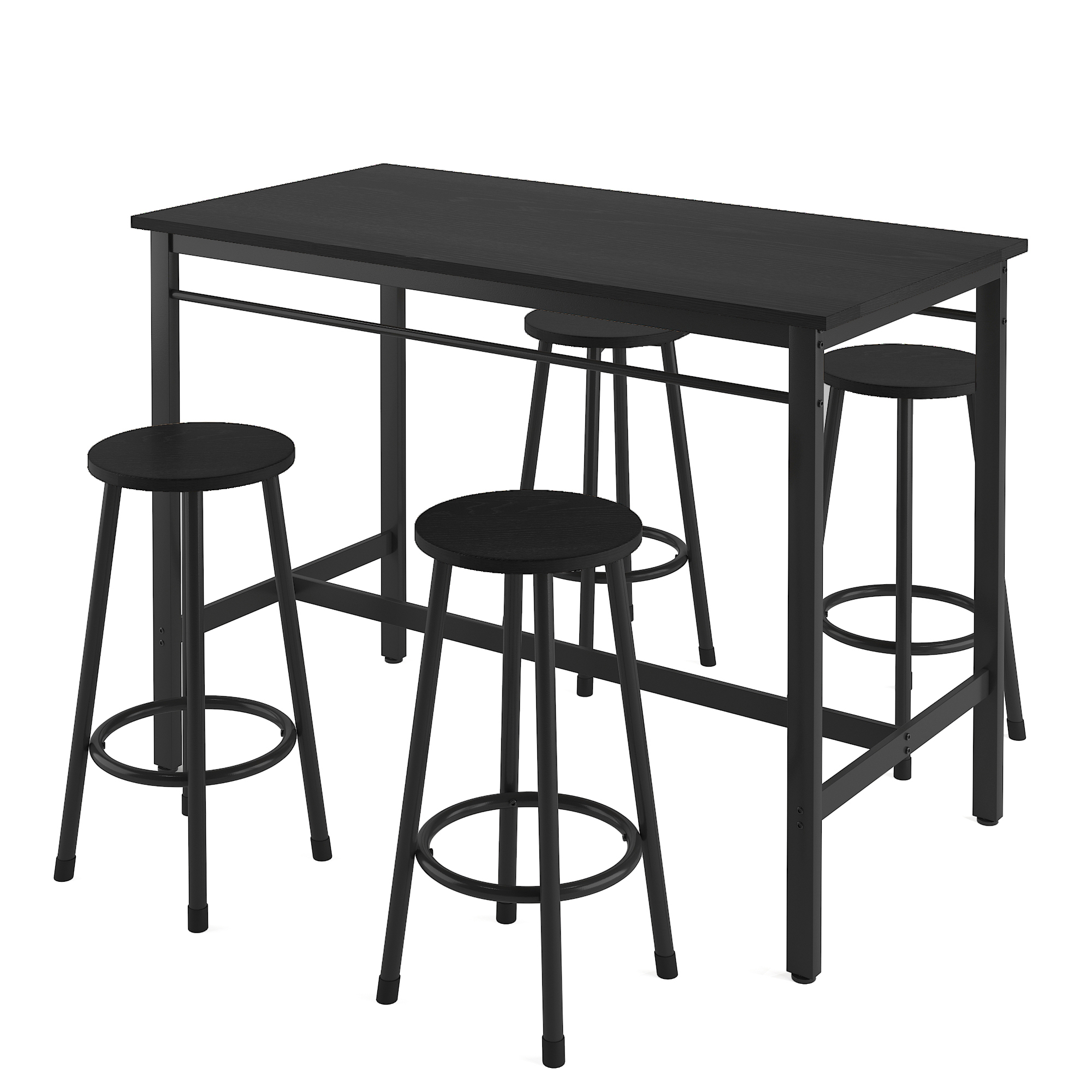 5-piece rural kitchen table with four bar stools, metal frame and MDF, black