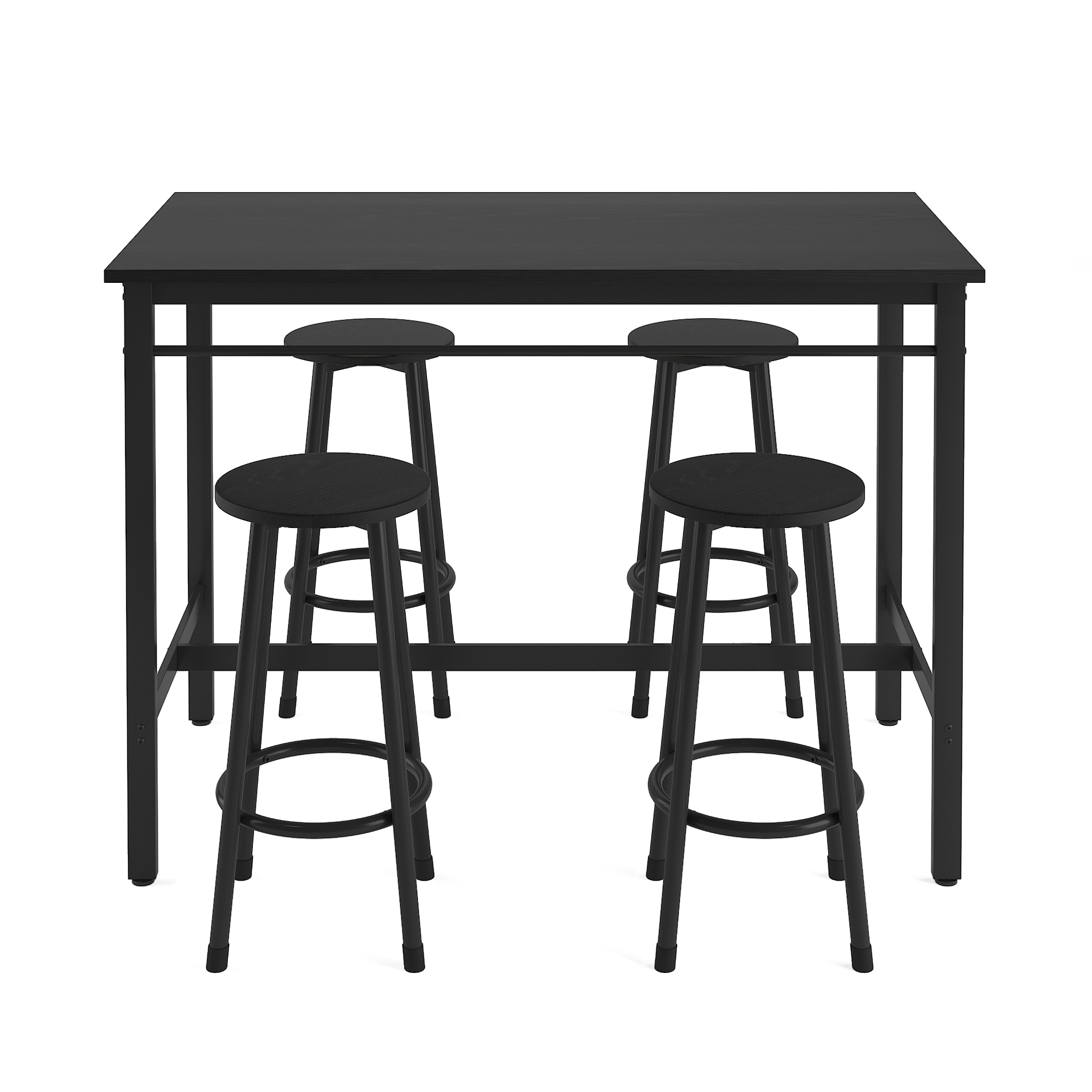 5-piece rural kitchen table with four bar stools, metal frame and MDF, black