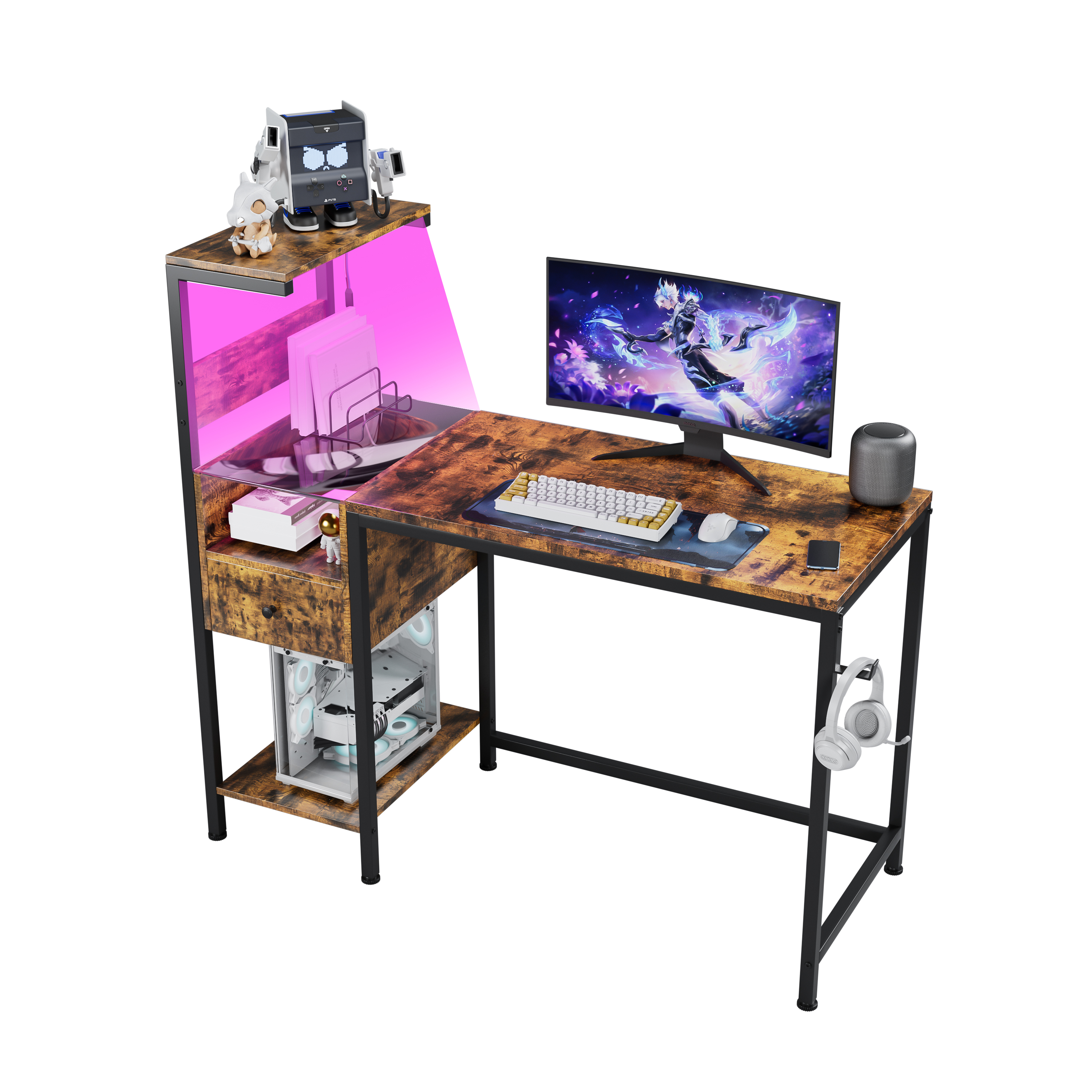 Computer Desk with Power Outlet & Storage Shelves, Study Writing Table with USB Ports Charging Station, PC Desk Workstation for Home Office, Brown