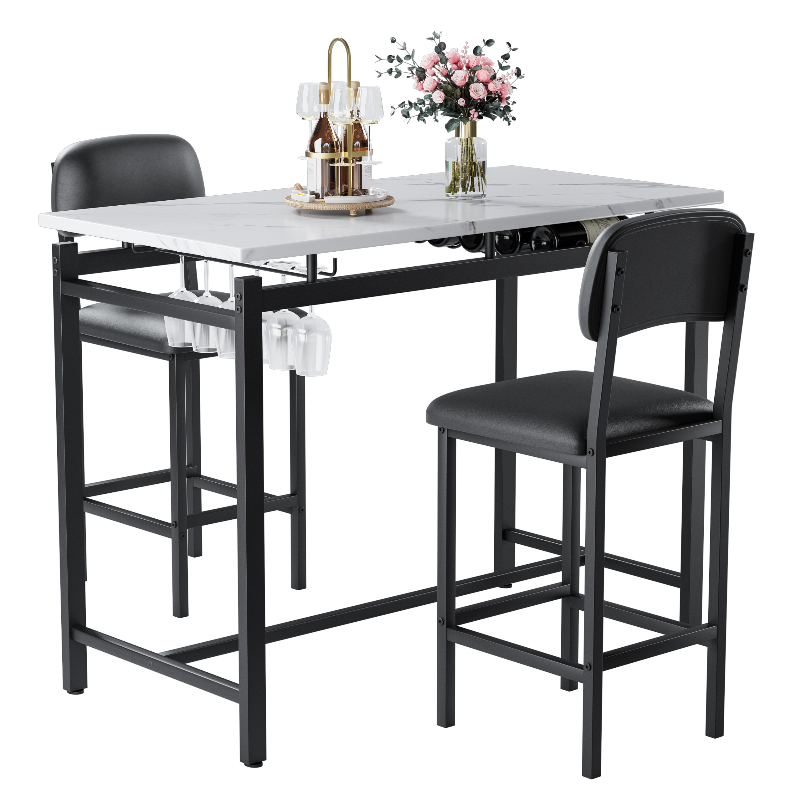 Kitchen Table Set, Dining Table and Chairs for 2, 3 Piece Dining Room Table Set with 2 Upholstered Chairs, Bar Dining Table Set for Small Spaces, Apartment, Breakfast, Pub, Rustic Black