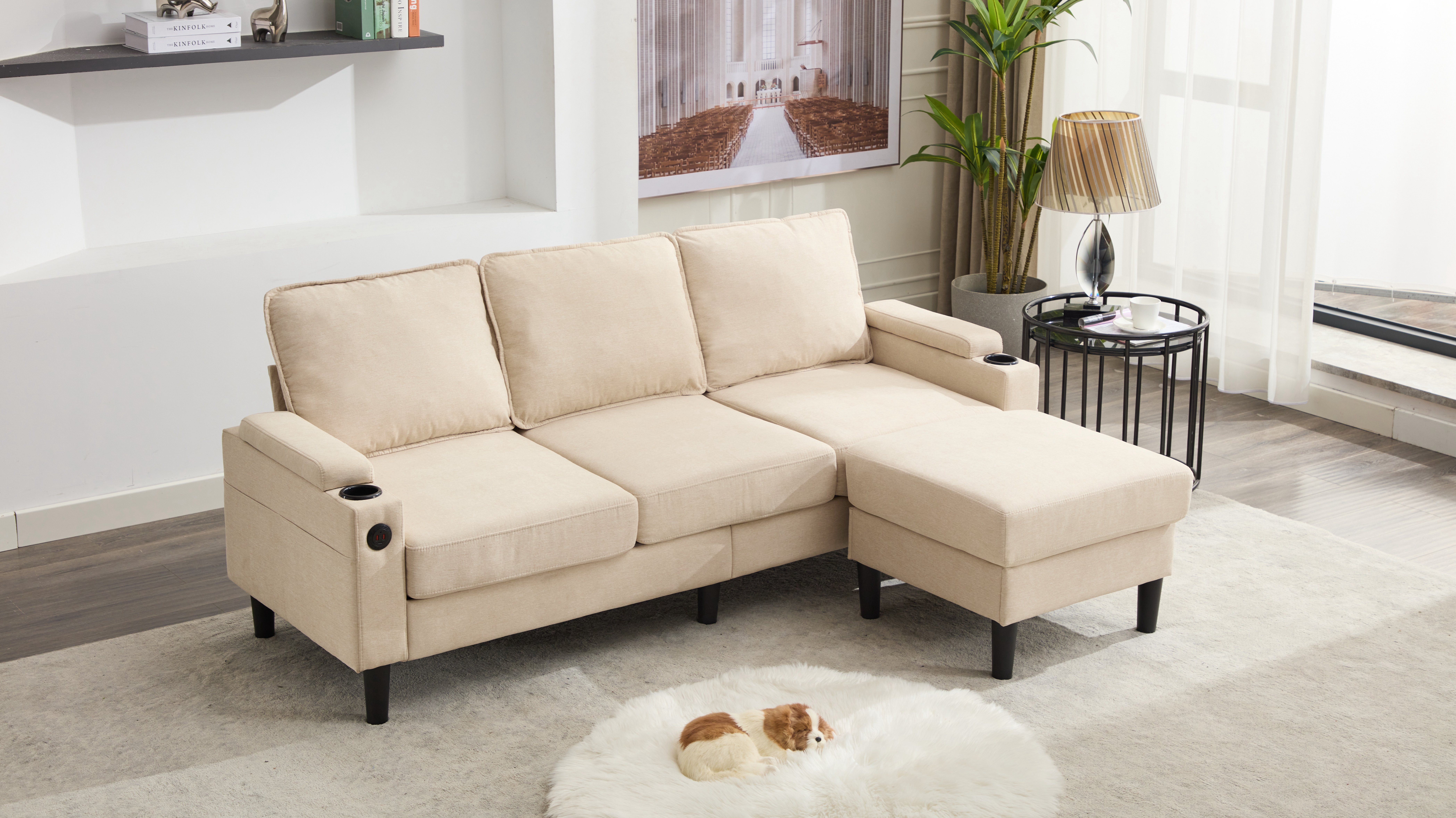 beige color knock down 3-seat combo sofa with storage ottoman  for living room apartment  bedroom and compact room, Upholstered sectional Couch, L Shaped  Bench with a footrest, a individual sto