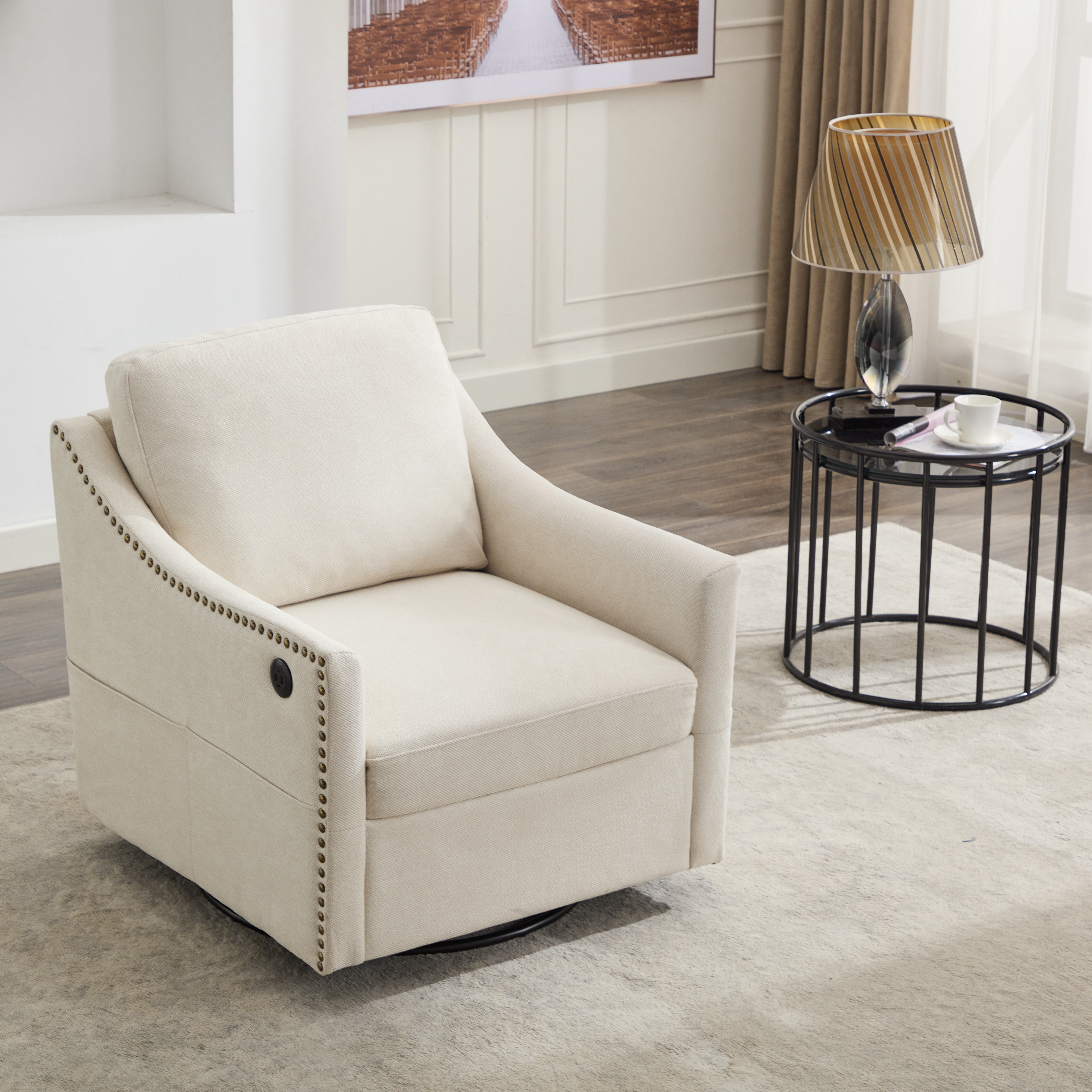 cream white fabric swivel rotating accent chair with USB and magazine book  for living room and hotel bed room