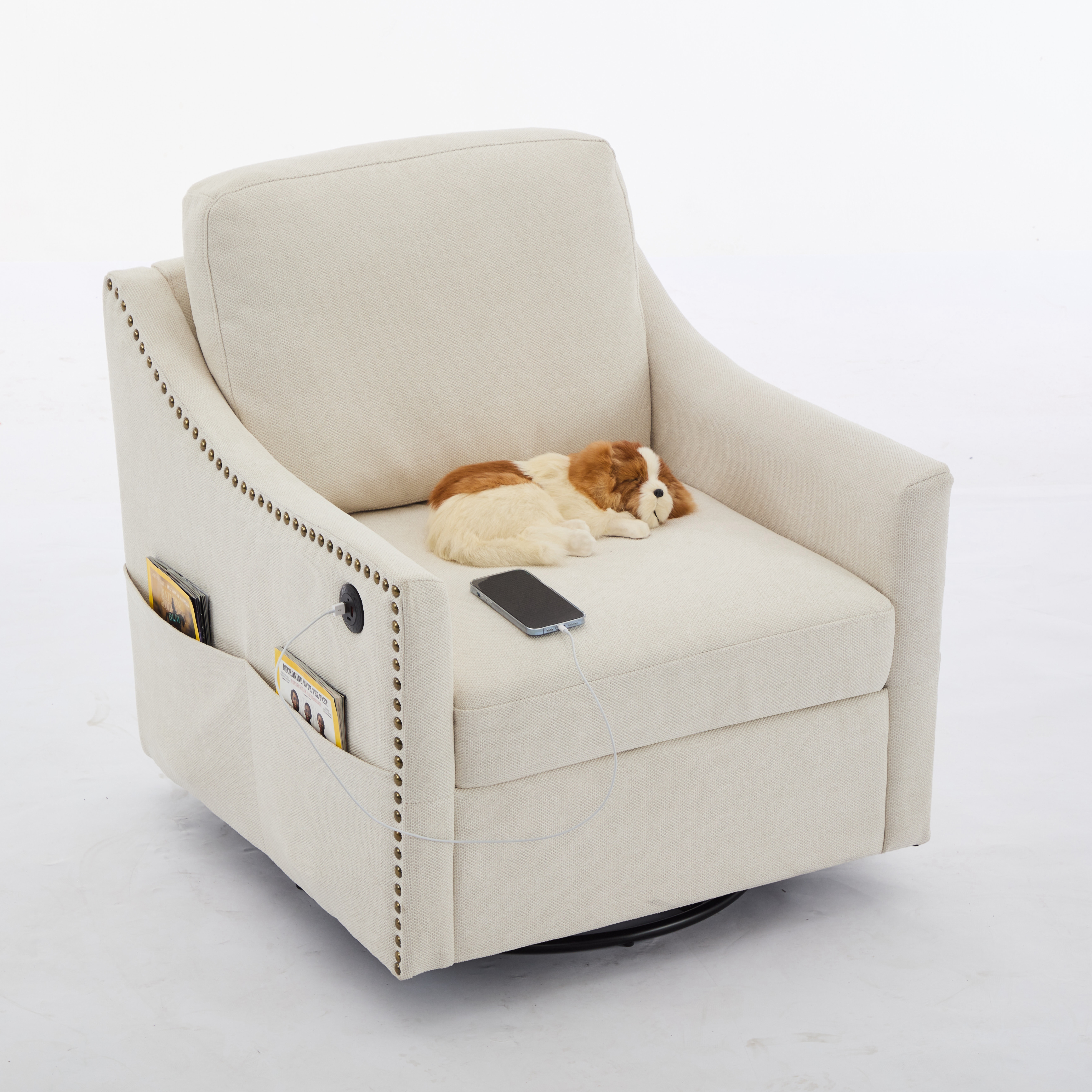 cream white fabric swivel rotating accent chair with USB and magazine book  for living room and hotel bed room