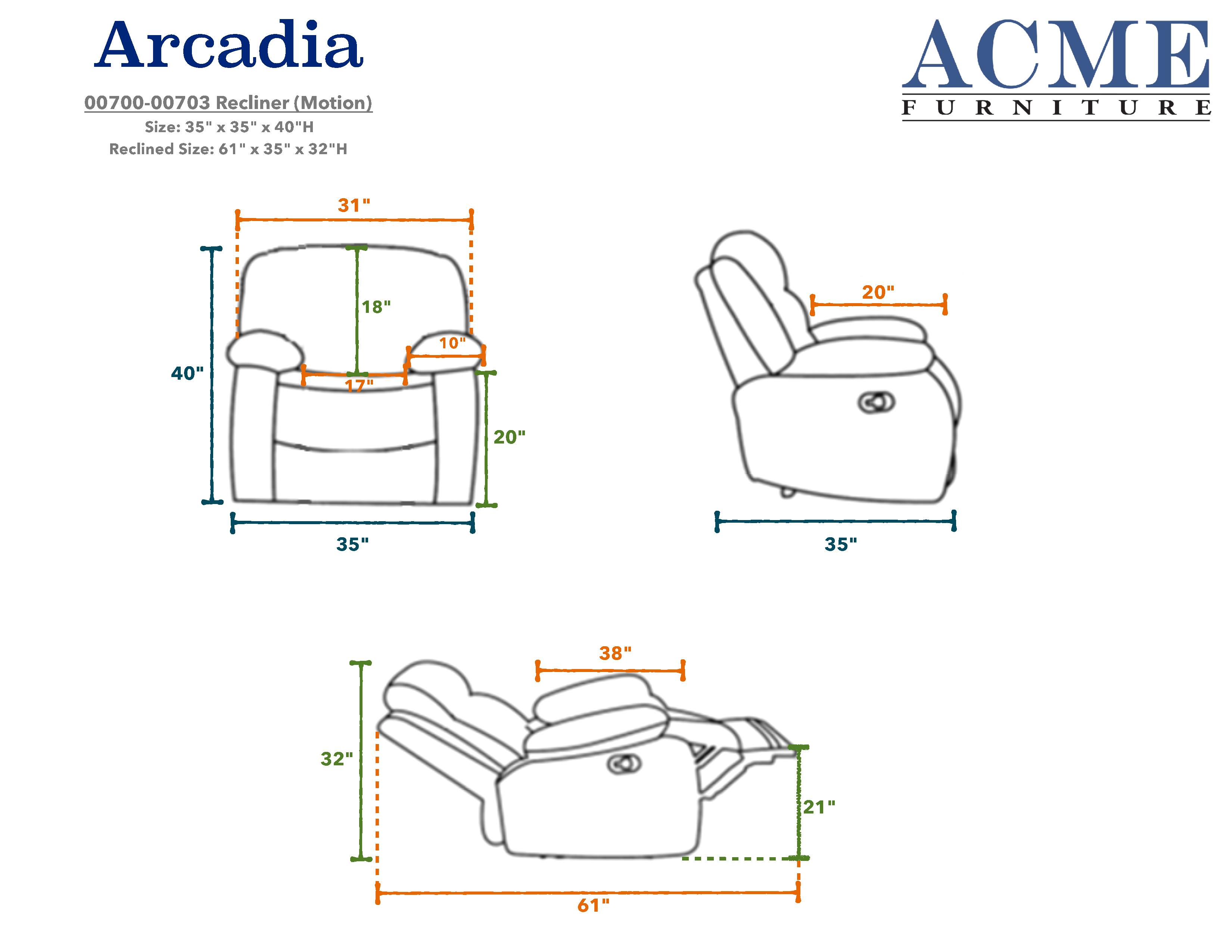 ACME Arcadia Recliner (Motion) in Blue Woven Fabric 00700