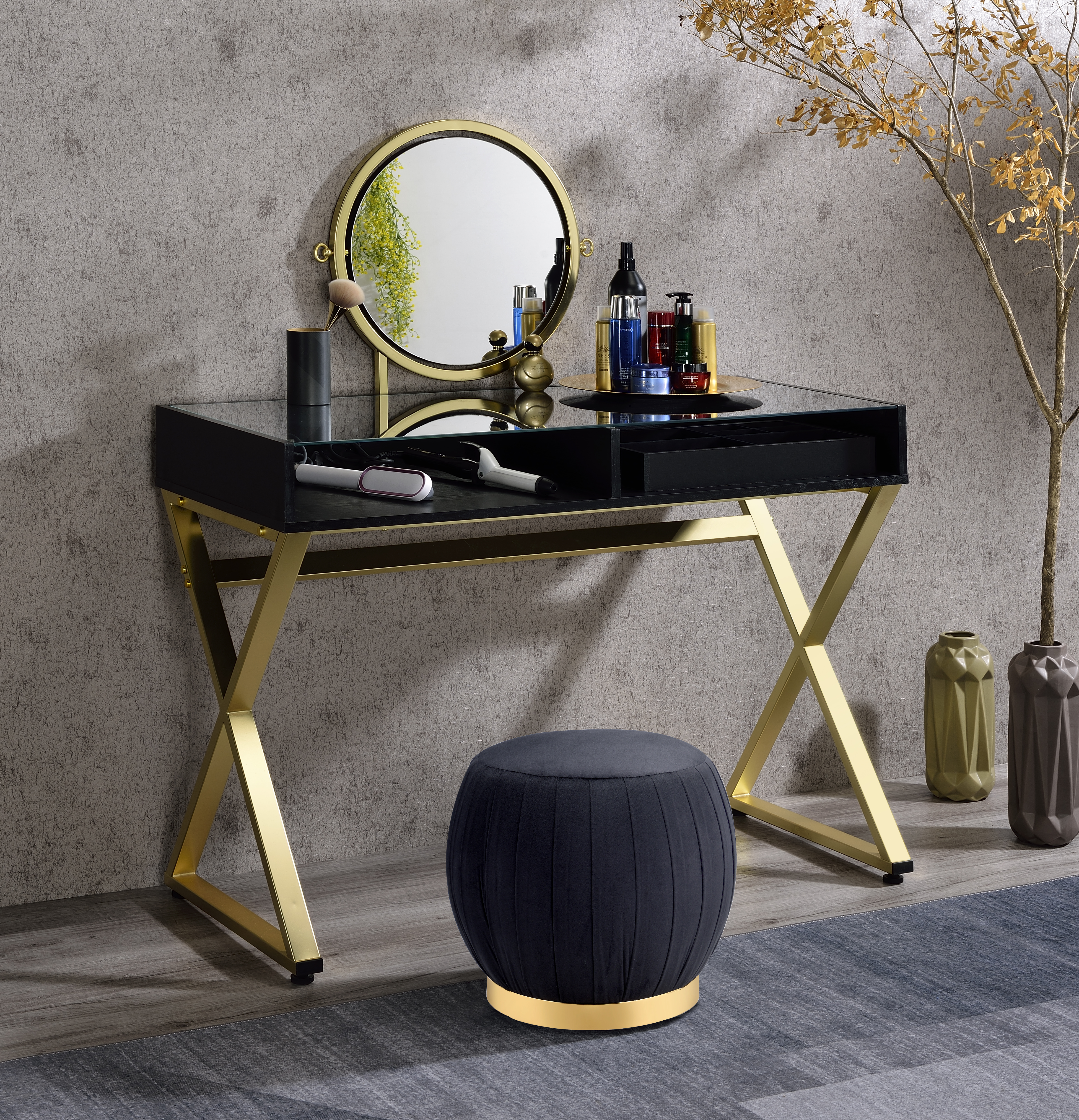 ACME Coleen Vanity Desk w/Mirror Jewelry Tray in Black Gold Finish