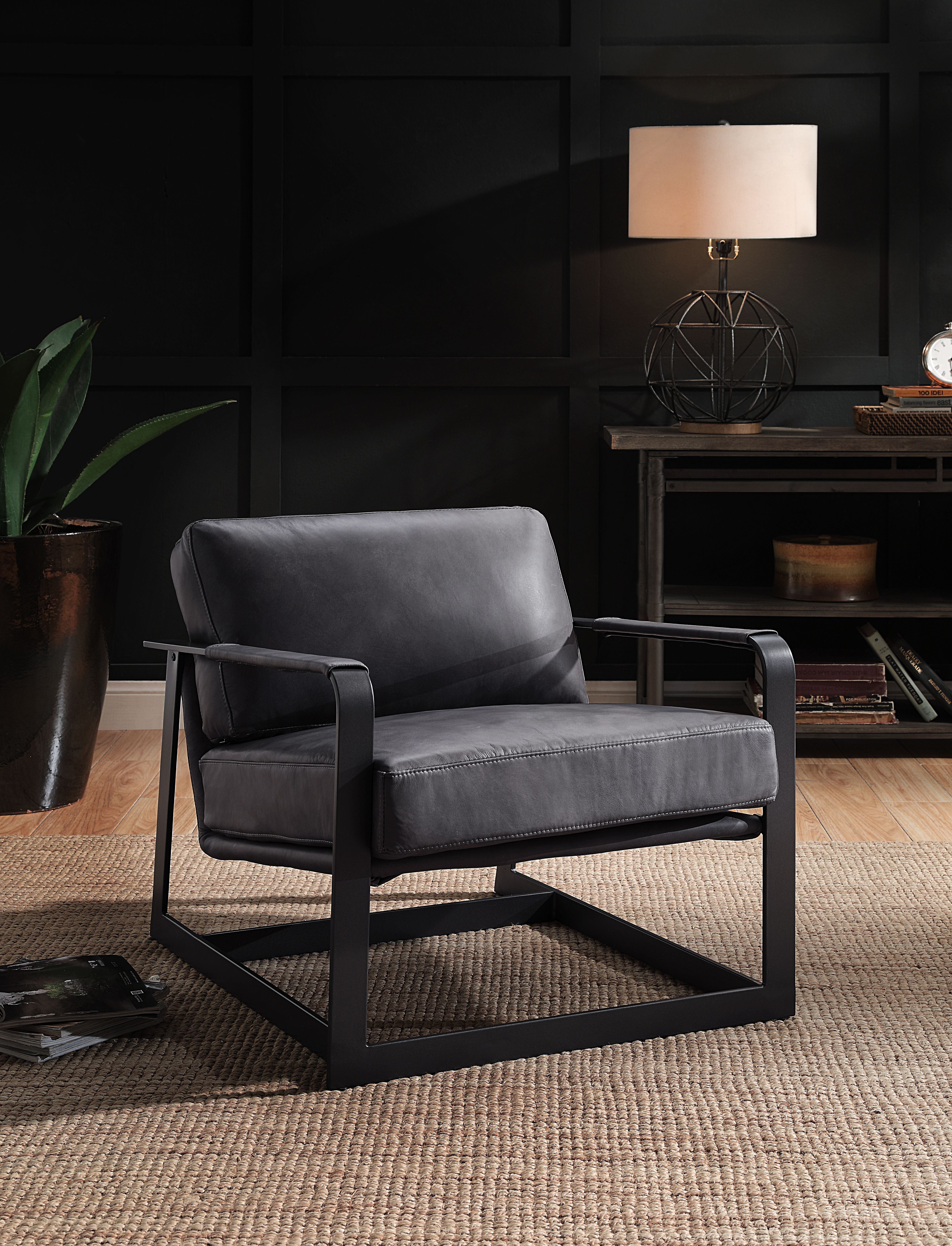 ACME Locnos Accent Chair in Gray Top Grain Leather  Black Finish-Boyel Living