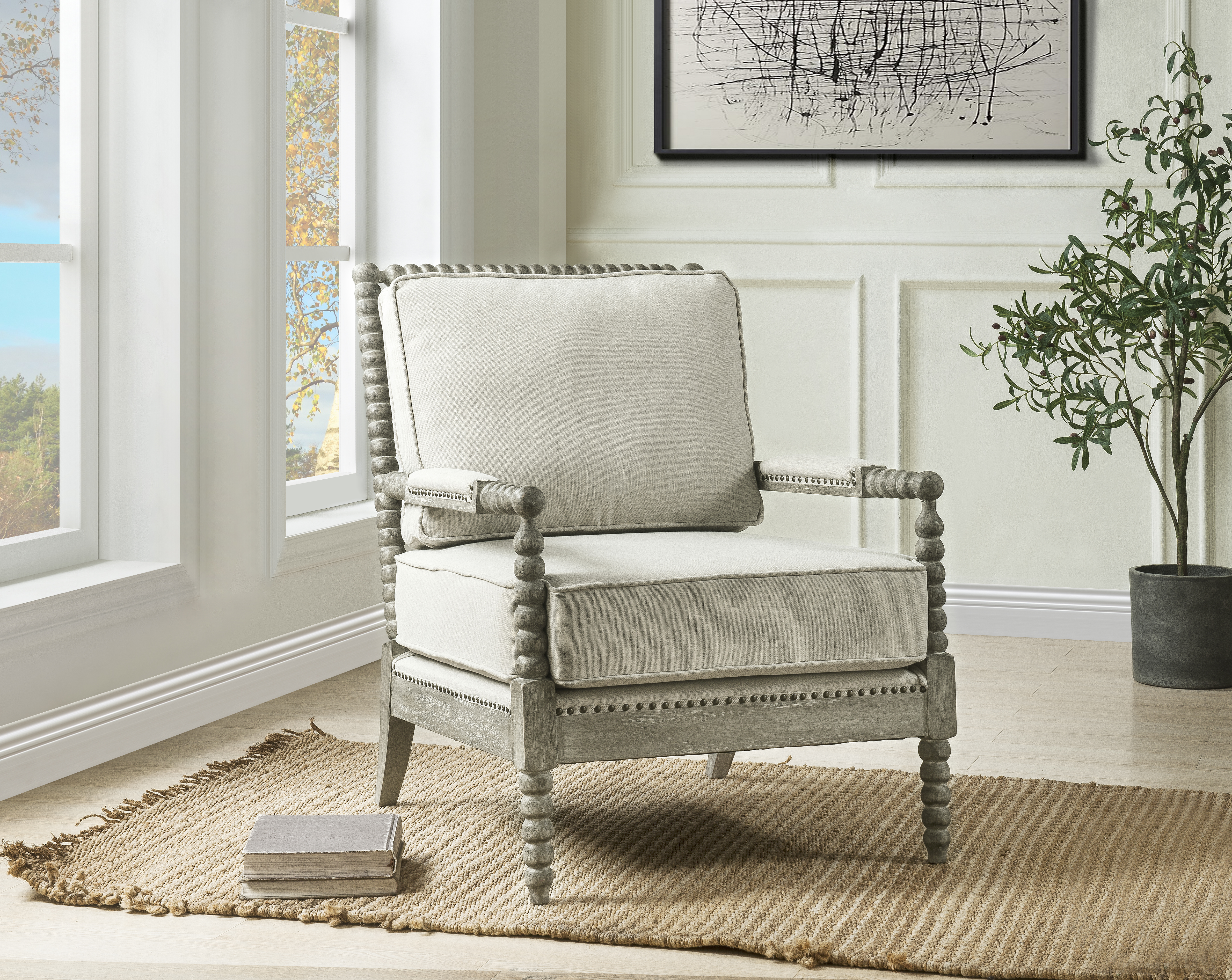 ACME Saraid Accent Chair, Beige Linen Gray Oak Finish