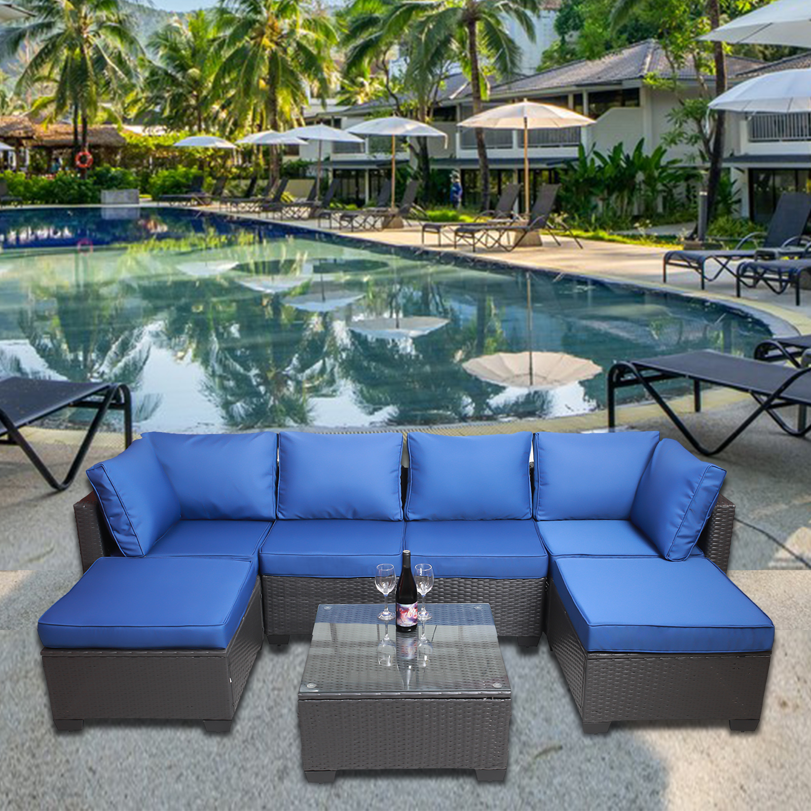 Outdoor Garden Patio Furniture 7-Piece PE Rattan Wicker Cushioned Sofa Sets  and Coffee Table, patio furniture set;outdoor couch;outdoor couch patio furniture;outdoor sofa;patio couch