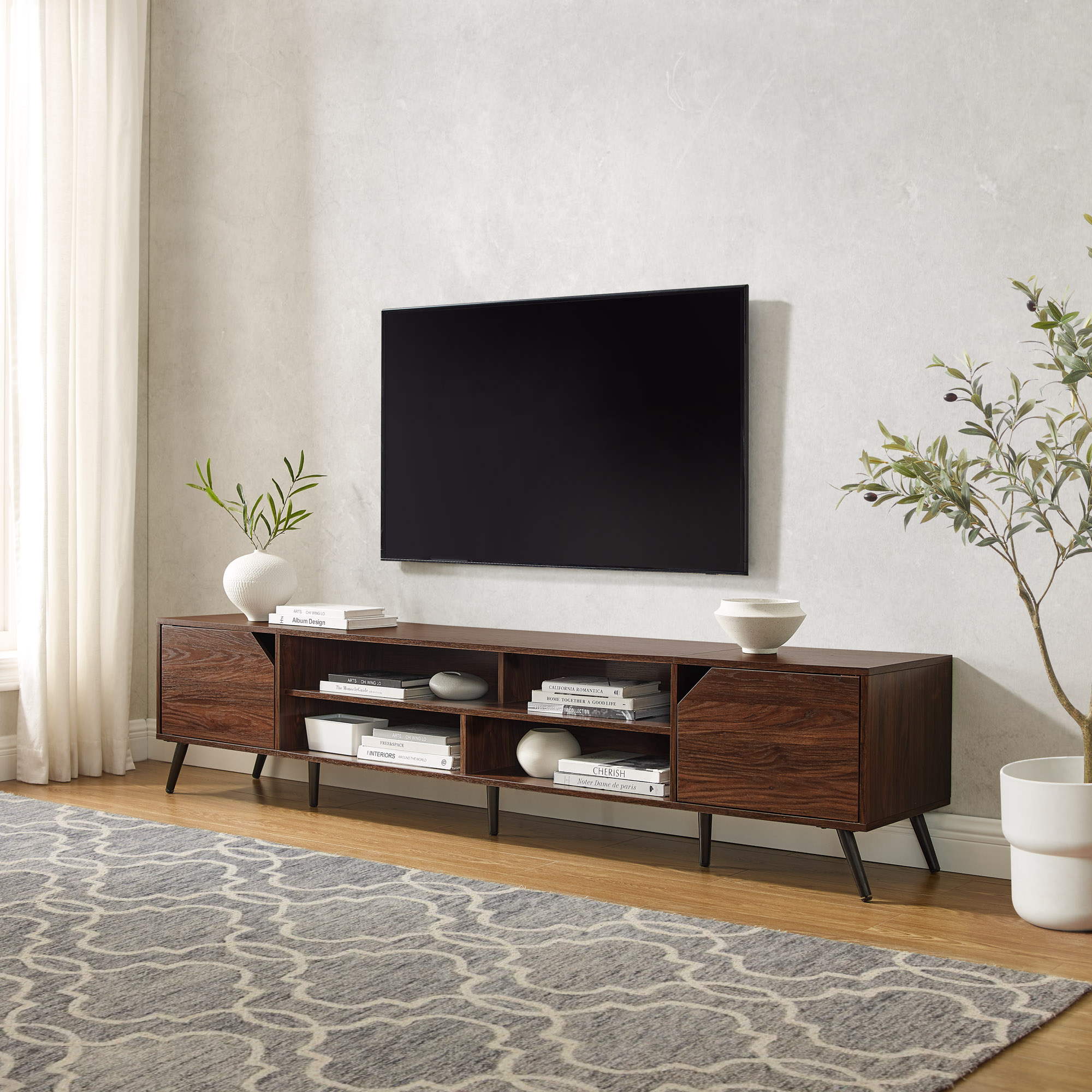 Contemporary 2-Door Minimalist TV Stand for TVs up to 90 inches – Dark Walnut