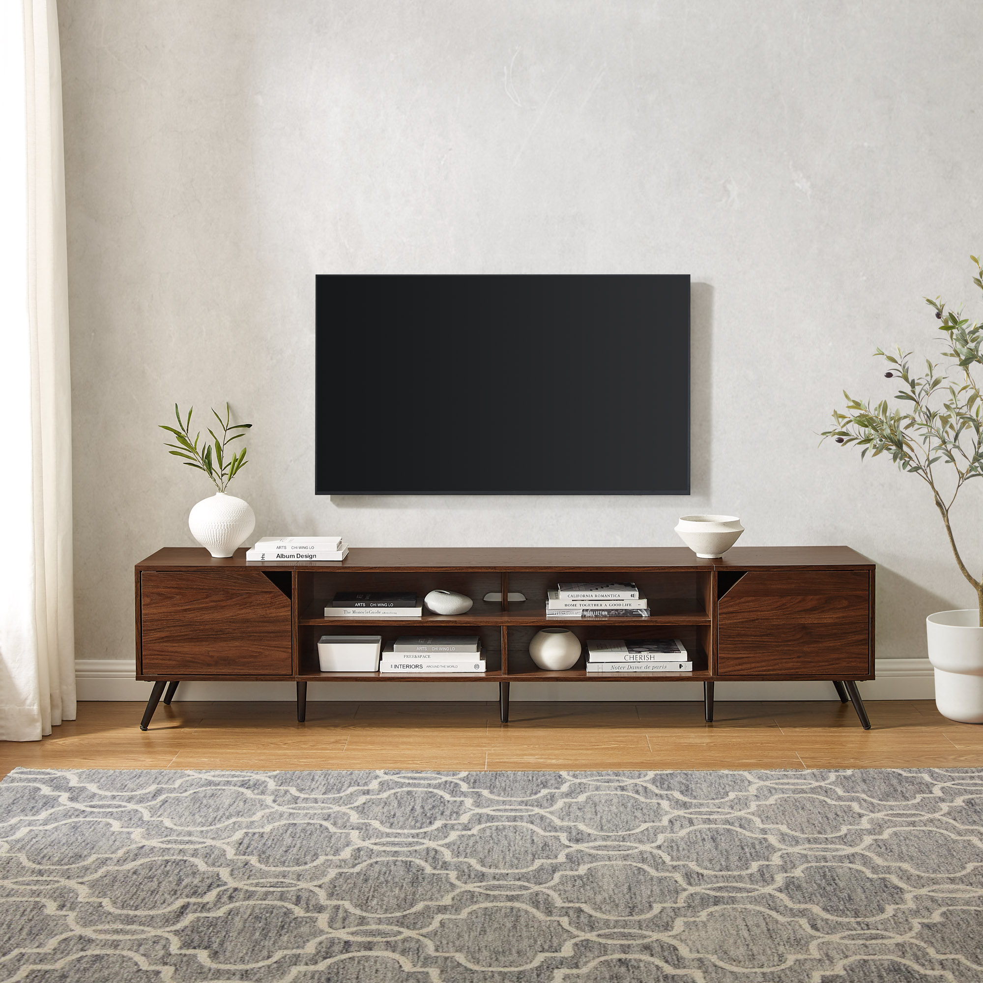 Contemporary 2-Door Minimalist TV Stand for TVs up to 90 inches – Dark Walnut