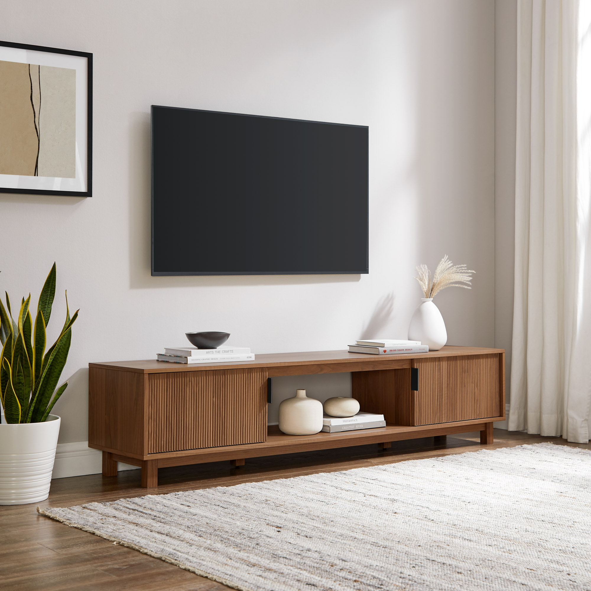 Modern Fluted-Door Minimalist TV Stand for TVs up to 80 inches – Mocha