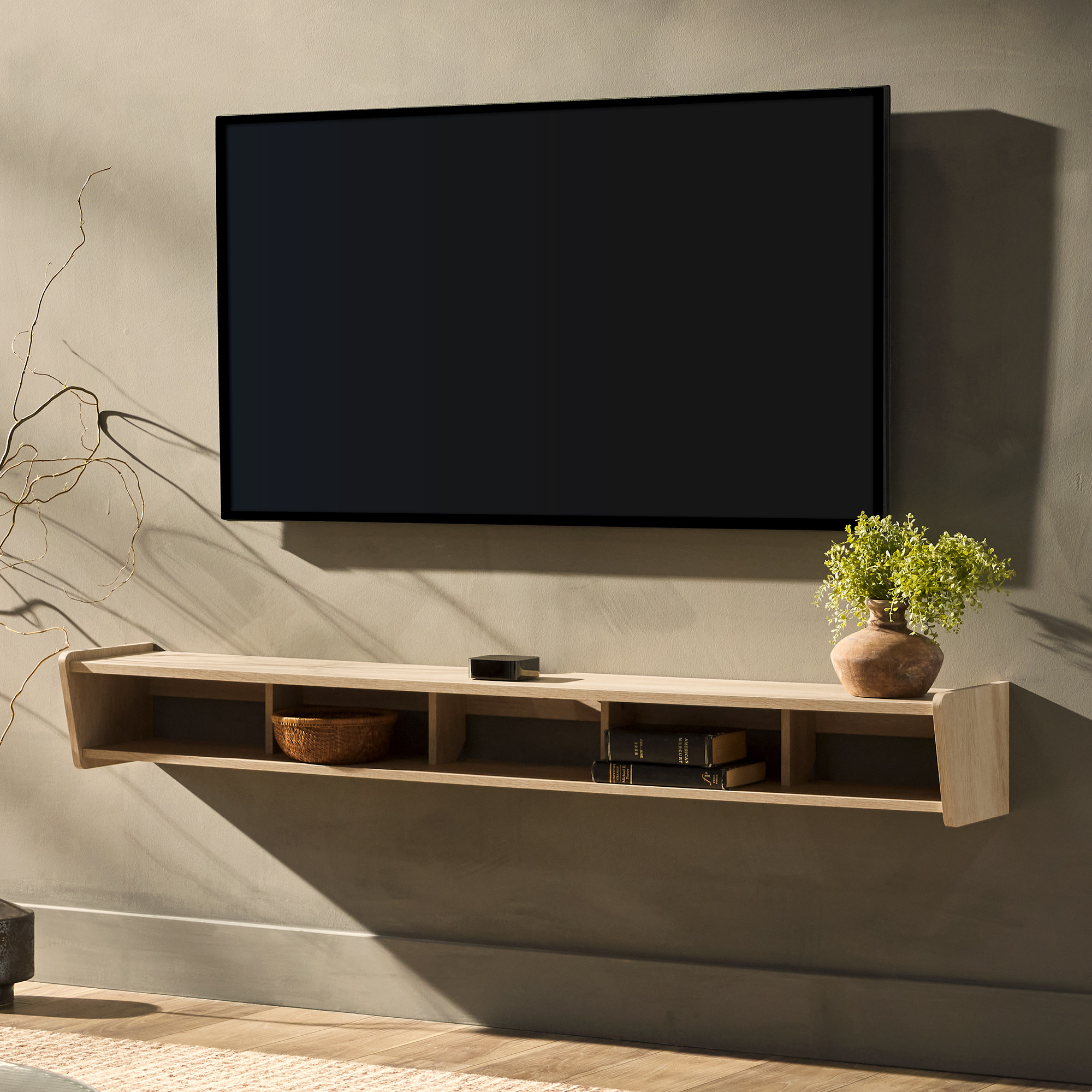 Modern Wall-Mounted Floating TV Stand – Coastal Oak