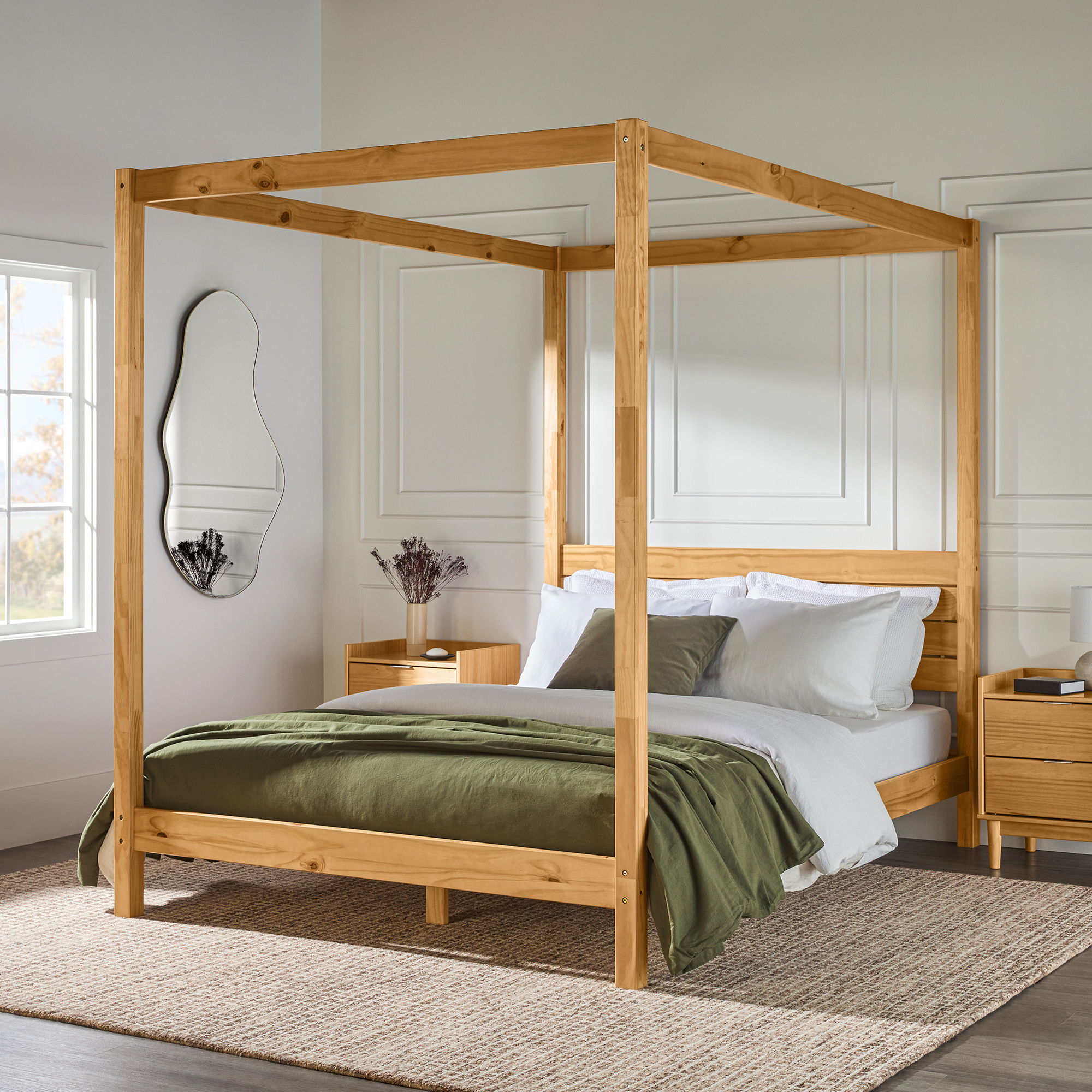 Modern Minimalist Boho Queen Canopy Bedframe – Natural Pine