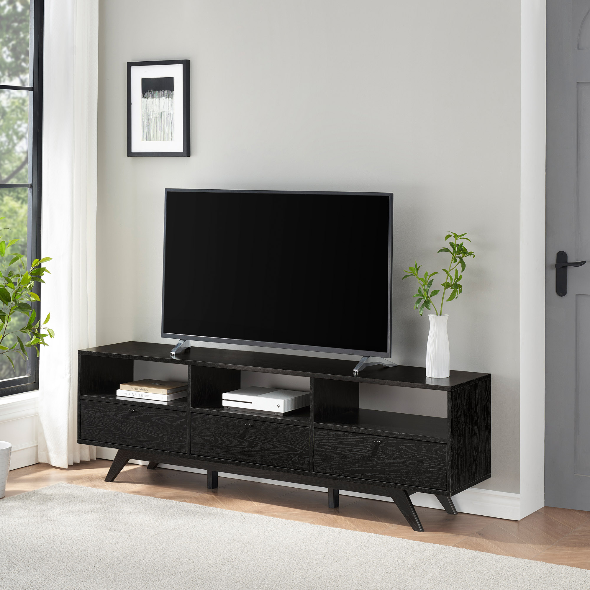 Modern Scandi 3-Door Low Profile TV Stand for TVs up to 80 Inches – Black