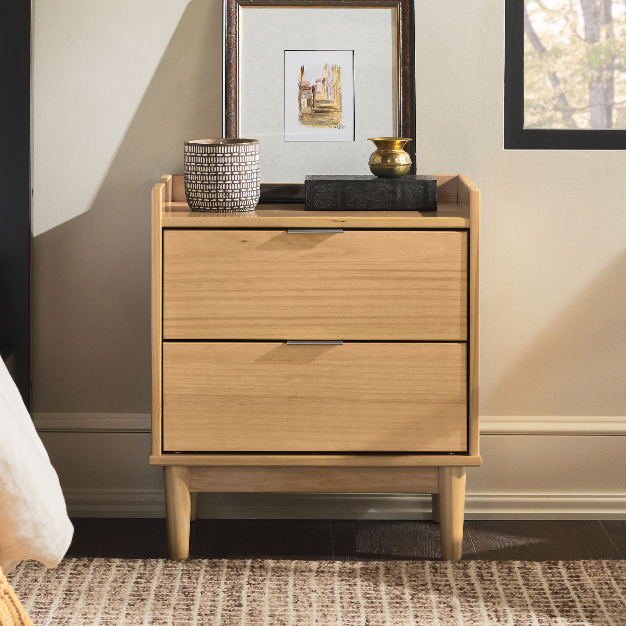 Mid-Century Modern 2-Drawer Solid Wood Nightstand – Natural Pine