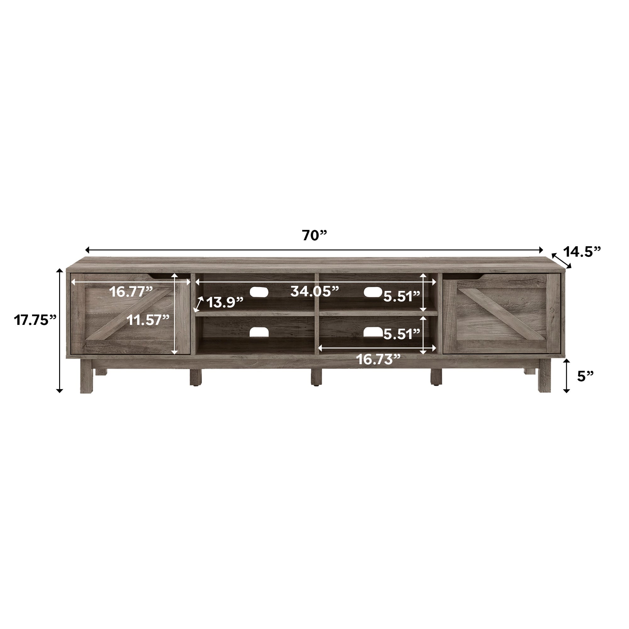 Rustic Barndoor Open-Storage TV Stand for TVs up to 80 inches – Grey Wash