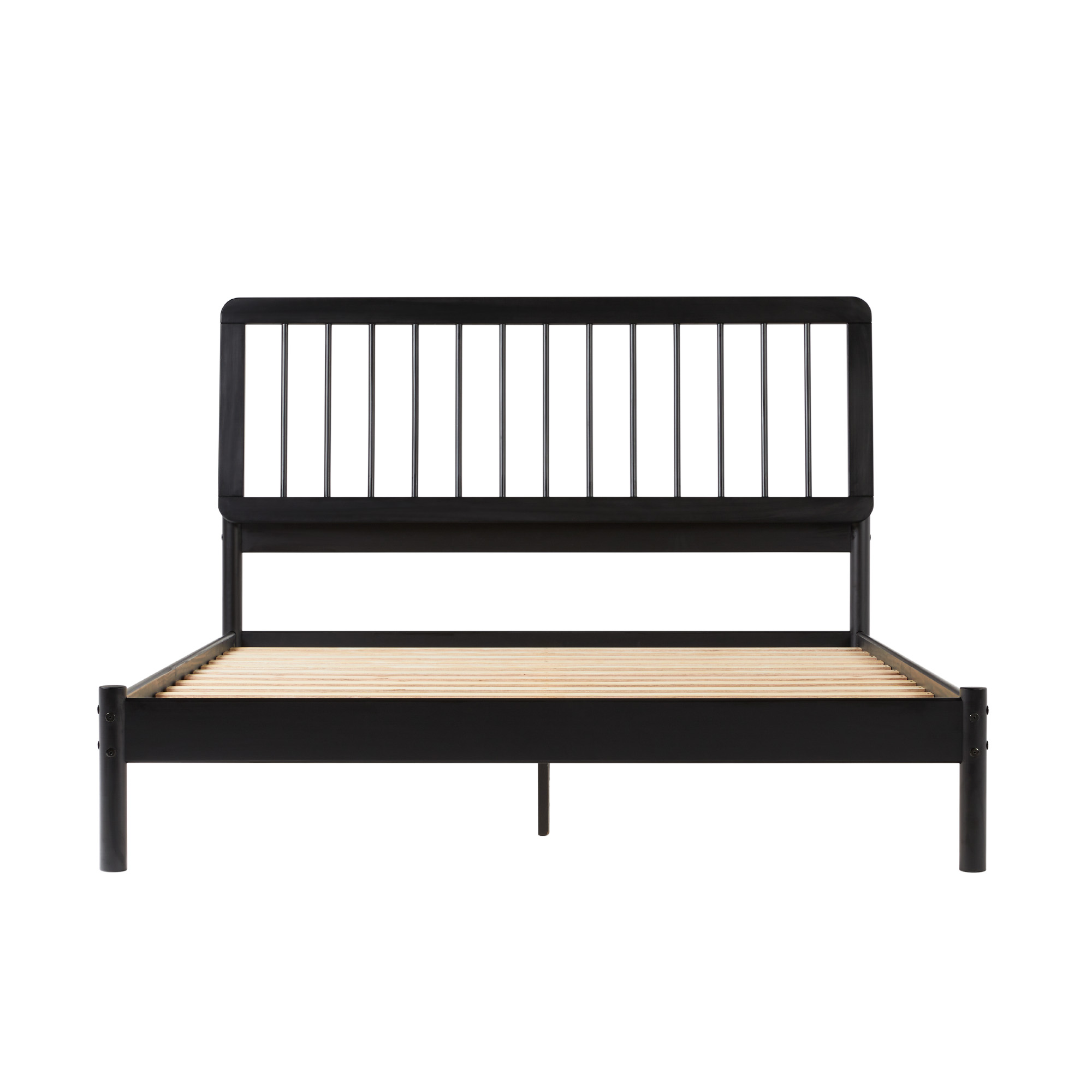 Mid-Century Modern Solid Wood Queen Spindle Bed – Black