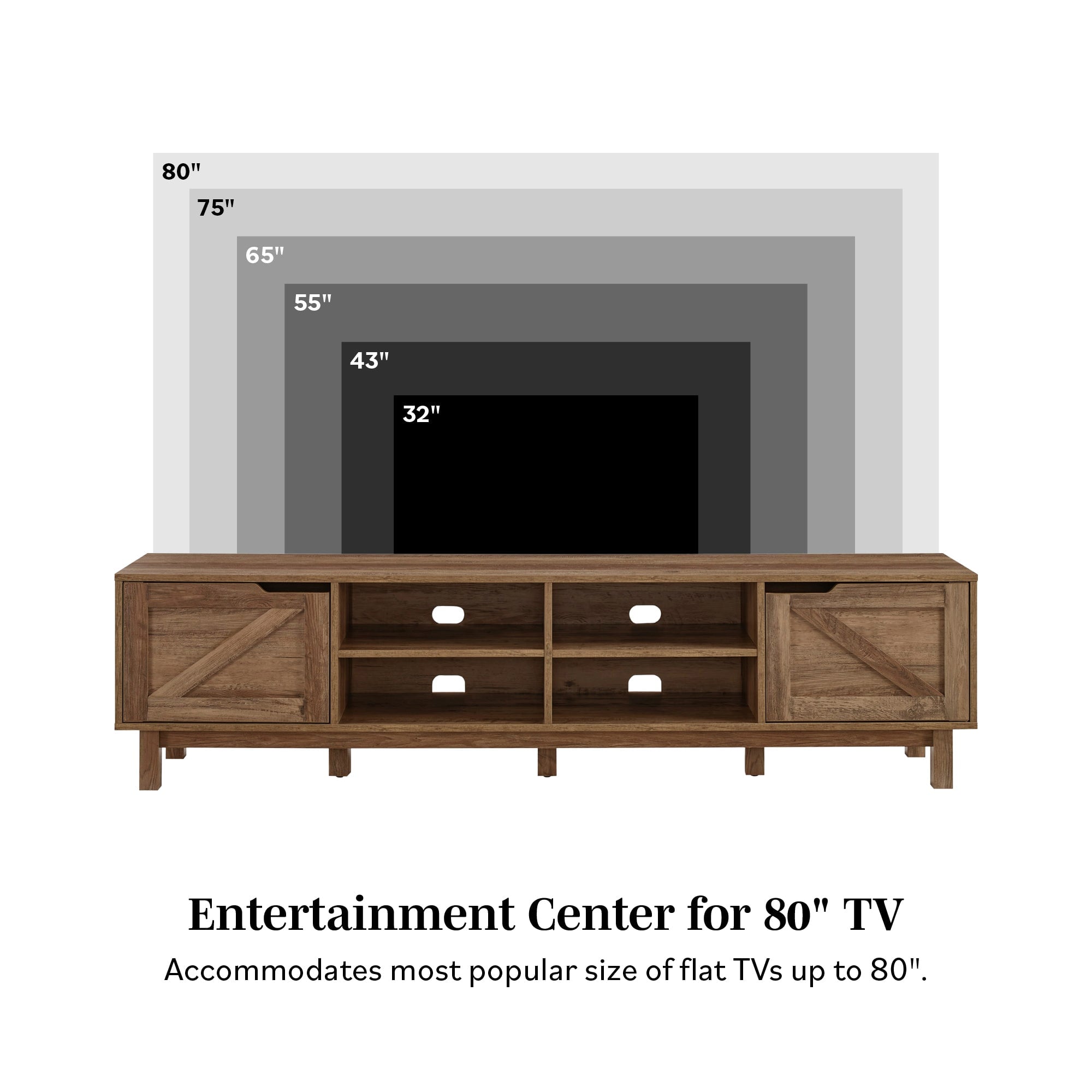 Rustic Barndoor Open-Storage TV Stand for TVs up to 80 inches – Rustic Oak