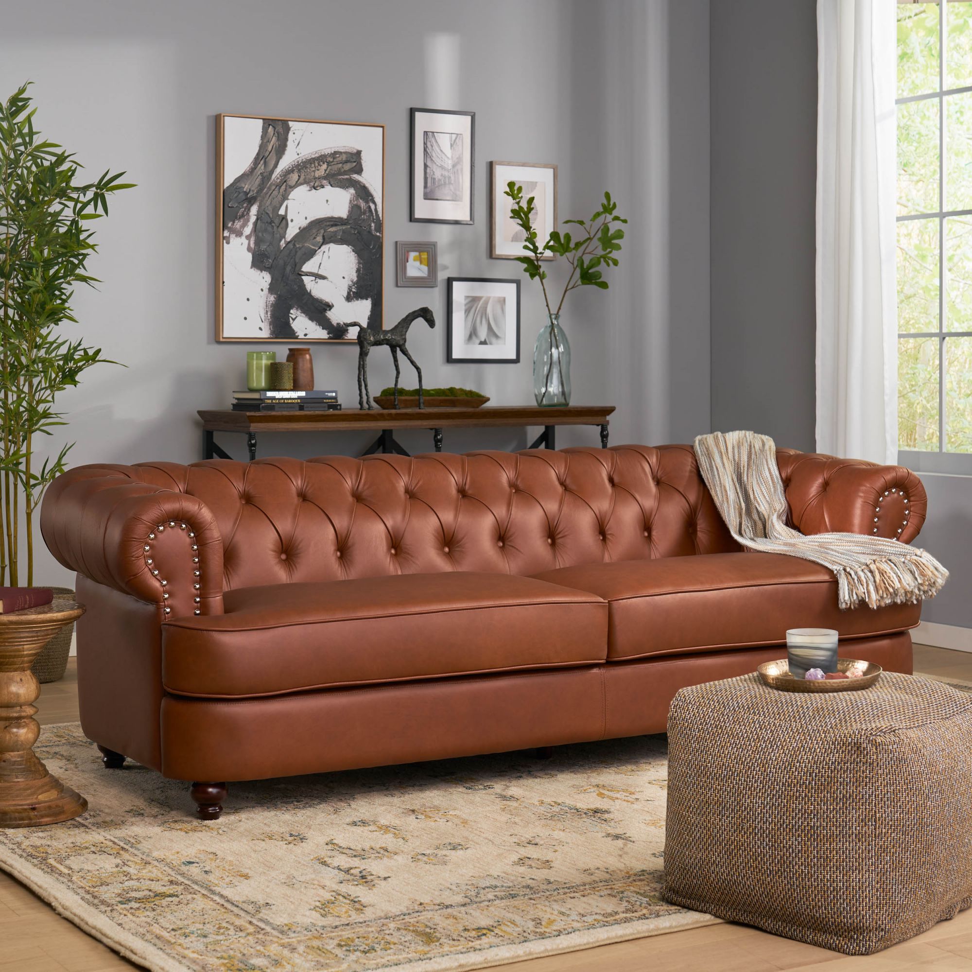 95'' Comfortable Cognac 2-Seater Sofa with Rolled Arms, Midcentury Modern 2 Seater Sofa Couch,  Loveseat for Large Spaces, Living Room, Easy Tool-Free Assembly