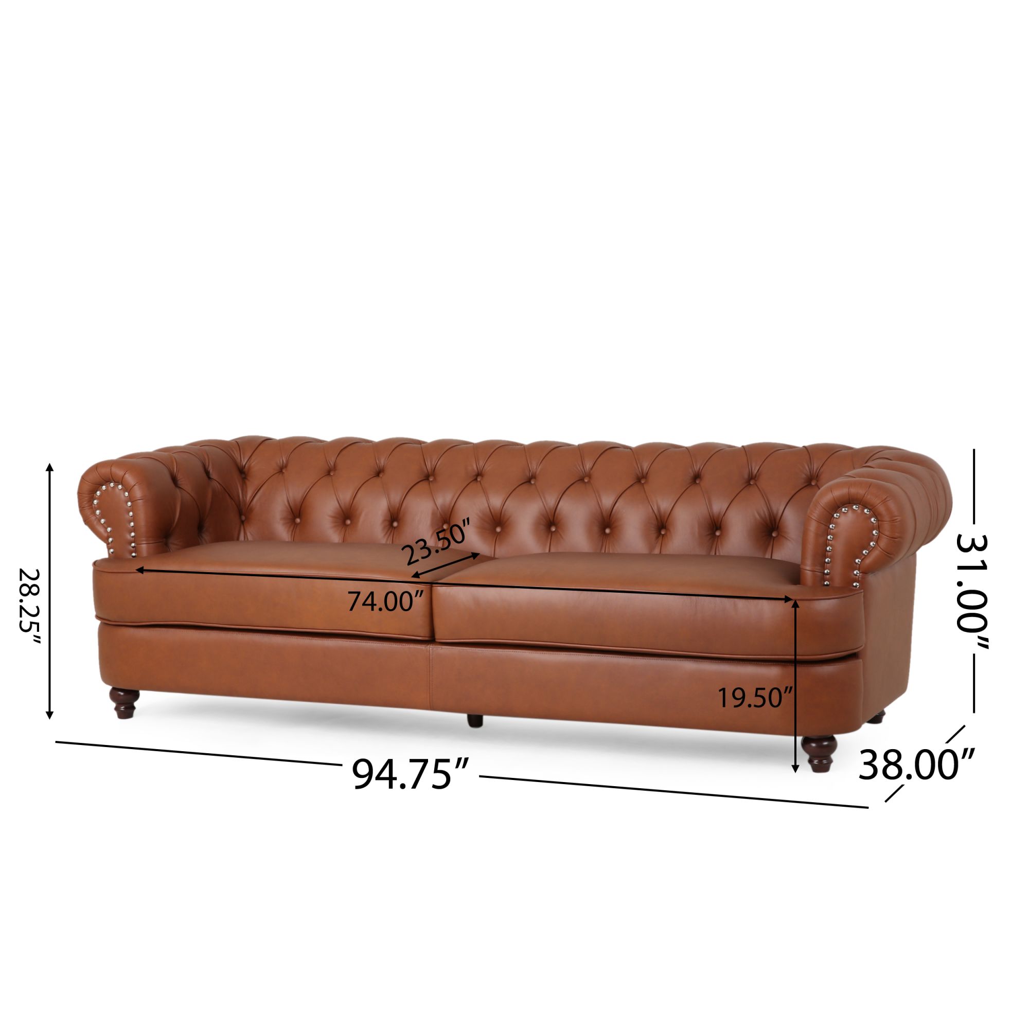 95'' Comfortable Cognac 2-Seater Sofa with Rolled Arms, Midcentury Modern 2 Seater Sofa Couch,  Loveseat for Large Spaces, Living Room, Easy Tool-Free Assembly