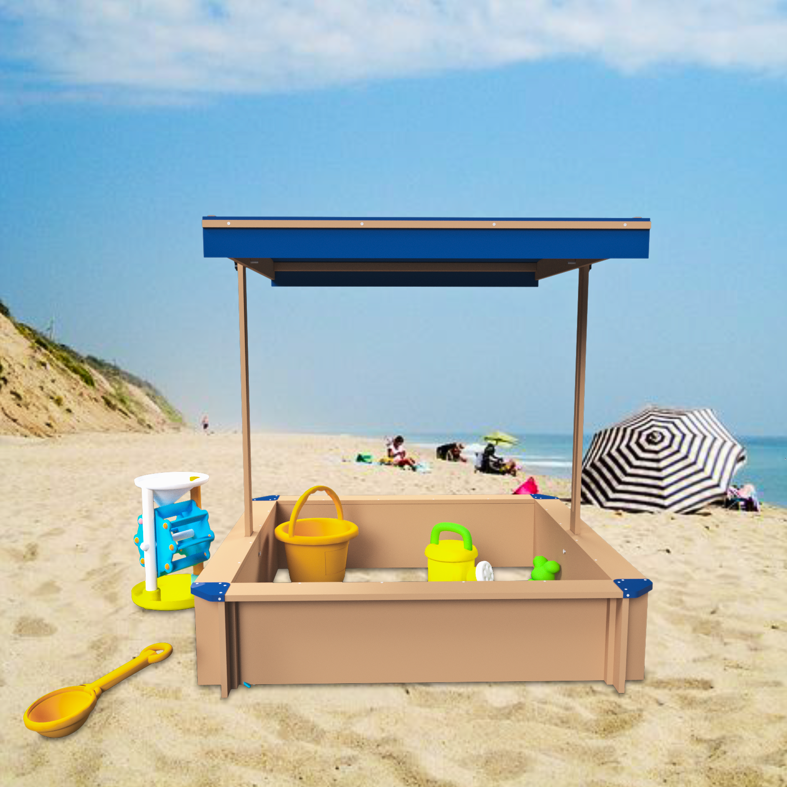 Children's Wooden Sandbox with Adjustable Canopy, Sand box with cover for Garden, Sand Pit for Kids Wood Playset Beach Patio Outdoor Backyard - Upgrade Retractable, Natural