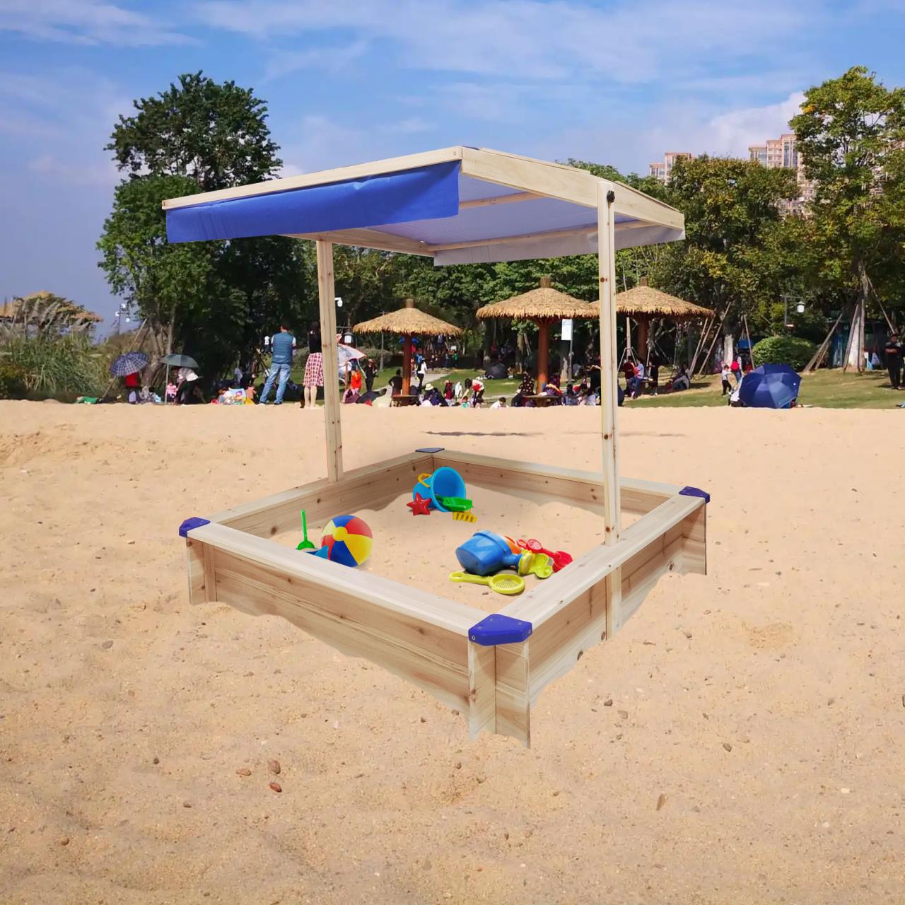 Children's Wooden Sandbox with Adjustable Canopy, Sand box with cover for Garden, Sand Pit for Kids Wood Playset Beach Patio Outdoor Backyard - Upgrade Retractable, Natural