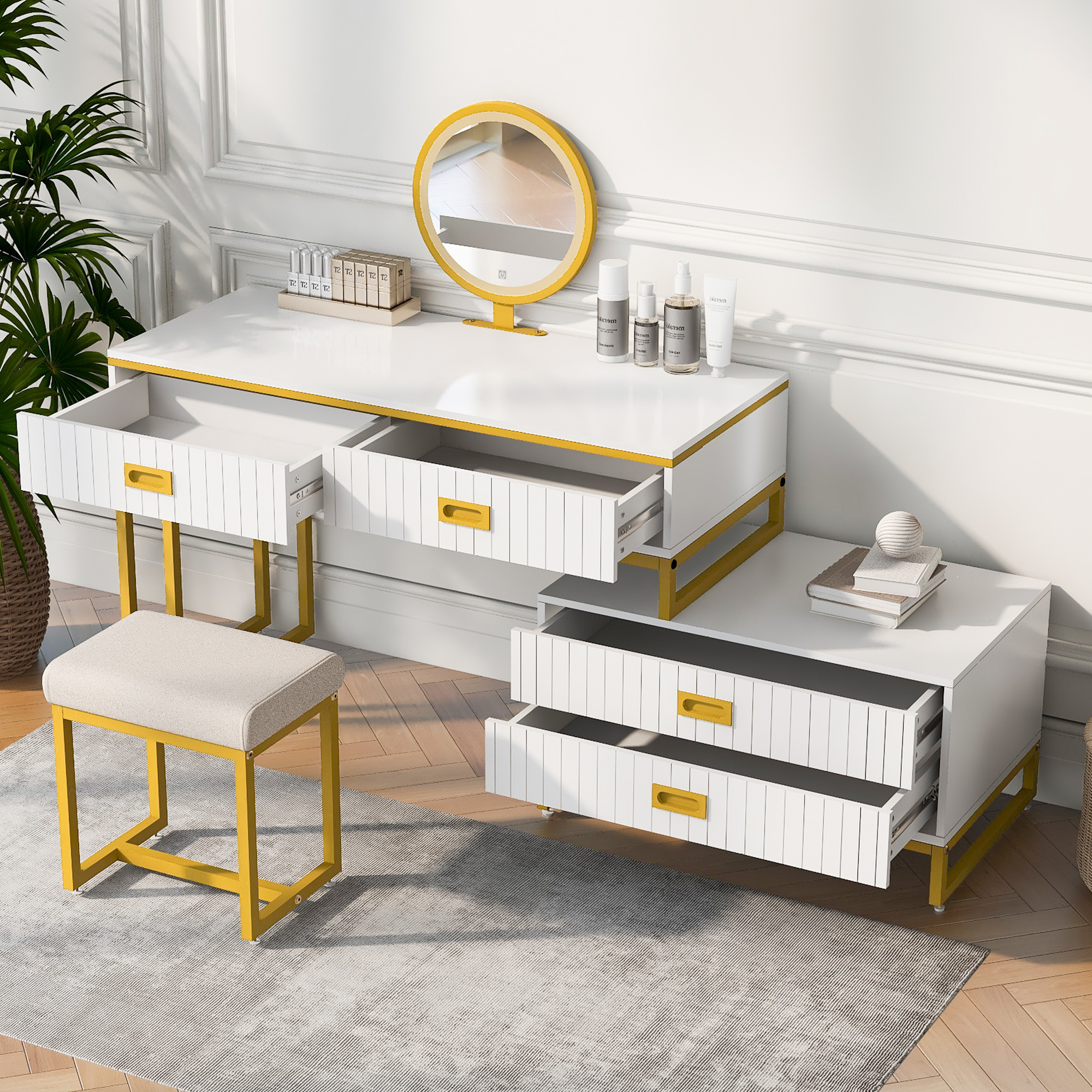 GO Modern Style Vanity Table With Movable Side Cabinet And 4-Drawers, Large Size Dressing Table With Mirror and 3-colors LED Light, Makeup Table With Stool, White, Golden Legs