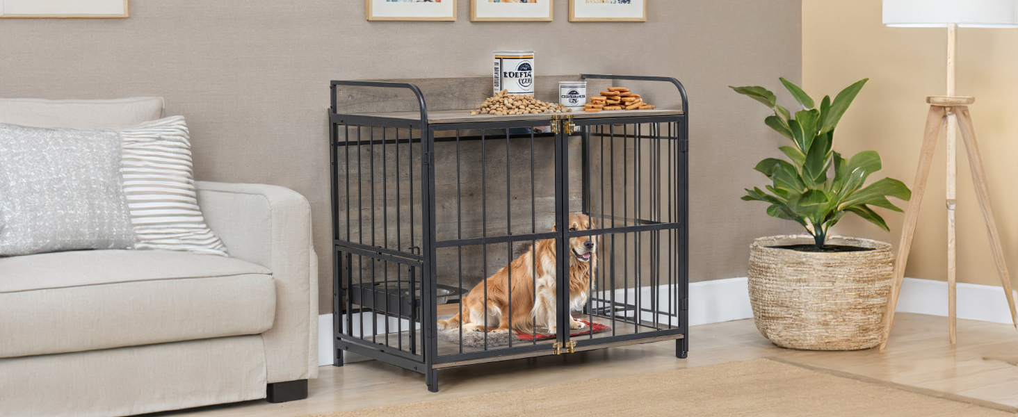 GO 39'' Indoor Metal Dog Crate with Double Doors, Wooden Side End Table Crate, Dog Crate Furniture with Adjustable Feeder Stand, for Medium Dog, Gray