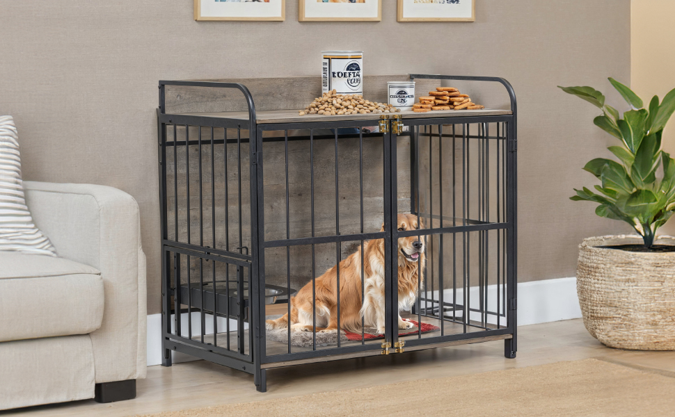 GO 39'' Indoor Metal Dog Crate with Double Doors, Wooden Side End Table Crate, Dog Crate Furniture with Adjustable Feeder Stand, for Medium Dog, Gray