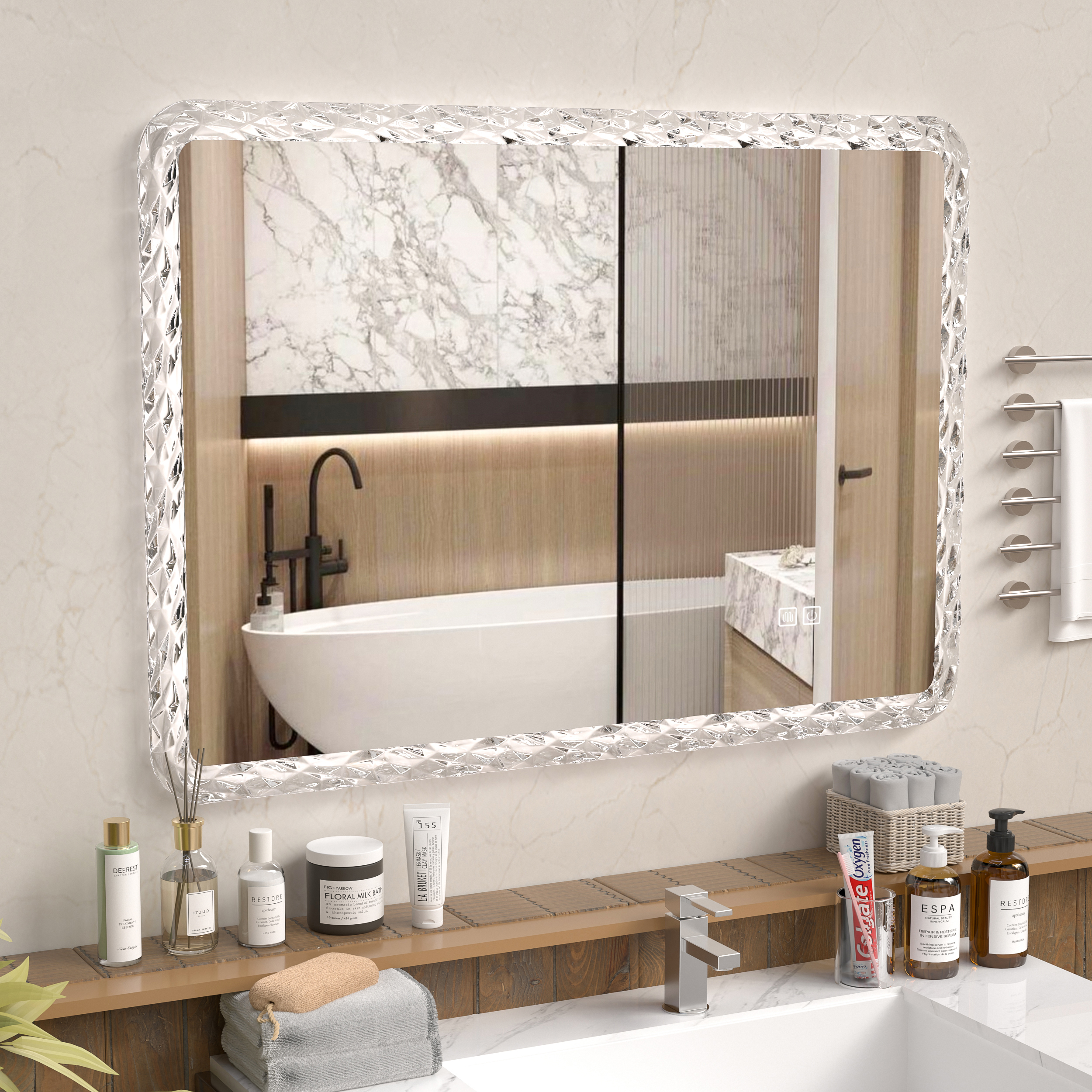 38.5X25 Inches Bathroom Mirror with LED Lights, Smart Mirror with Anti-Fog and Adjustable Brightness Function, Wall Mount Makeup Mirror with Crystal Acrylic Frame