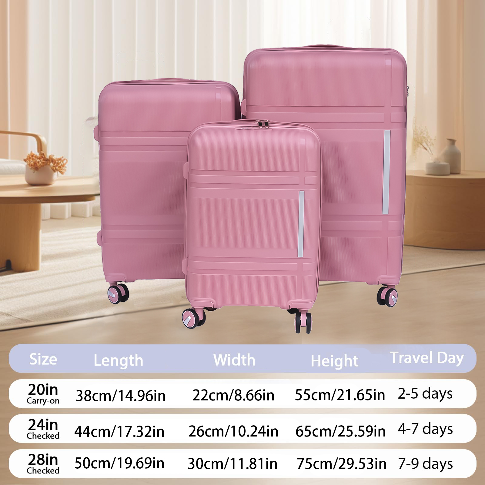 3 Piece Luggage Sets PP Lightweight Suitcase with Two Hooks, Spinner Wheels, (20/24/28) 2307