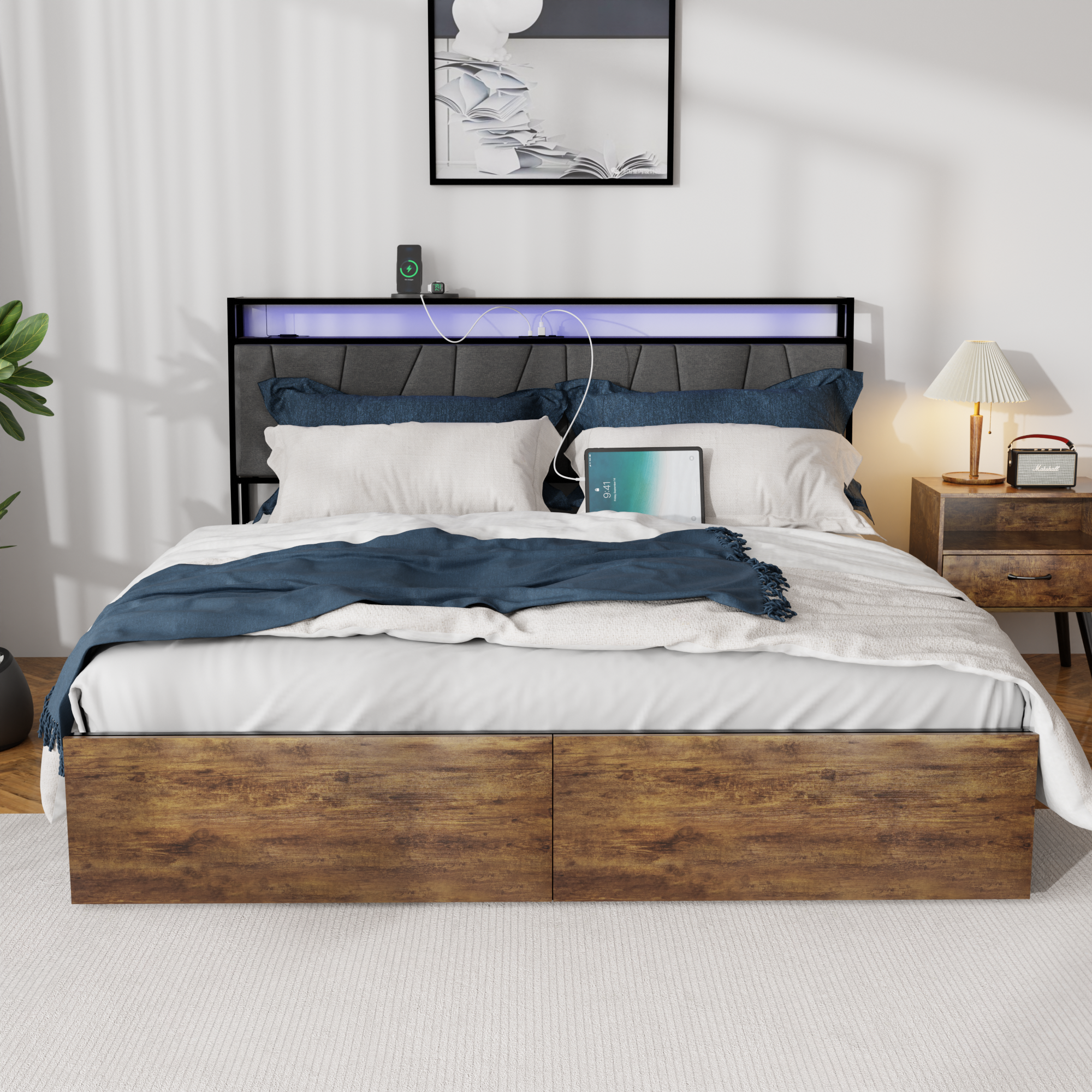 Full Bed Frame with Storage, Ergonomic Headboard,  Bed Frame with 2 Storage Drawers, Built in Charging Station & LED, Outlets & USB, Full Size, Noise Free, No Box Spring Needed, Rustic Brown