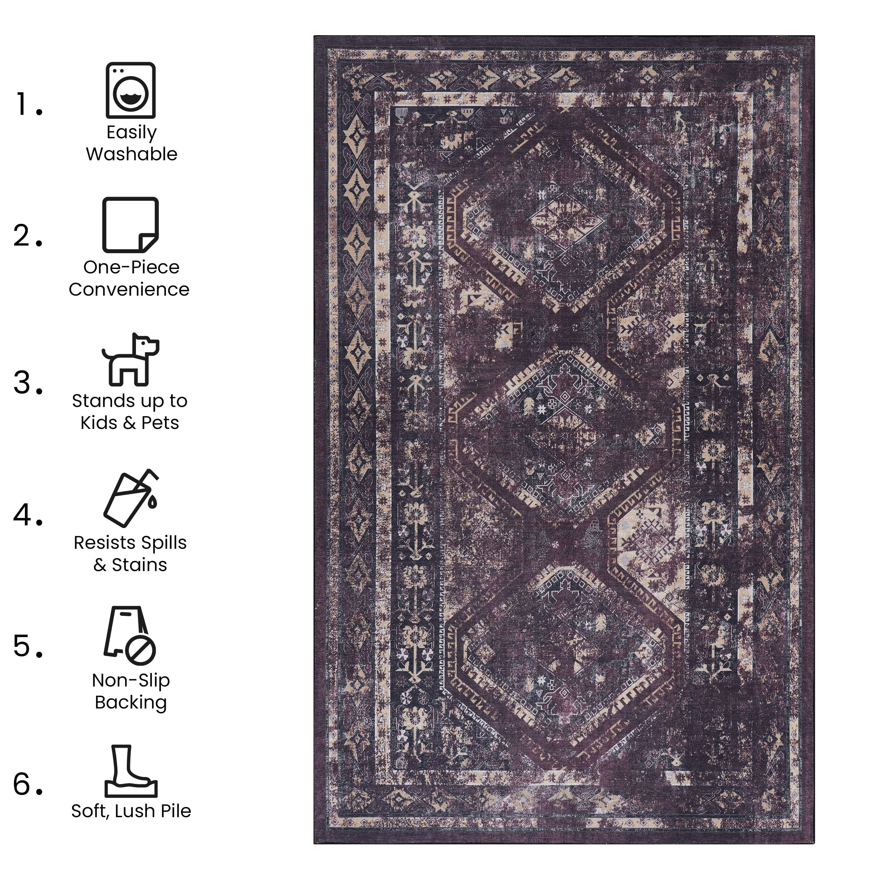 Naar 2x3 Machine Washable Area Rugs, Low-Pile, Non-Slip, Non-Shedding, Foldable, Kid & Pet Friendly, Area Rugs for living room, bedroom, kitchen, dining room rug - Perfect Gifts, (Black+Burgundy, 2x3)