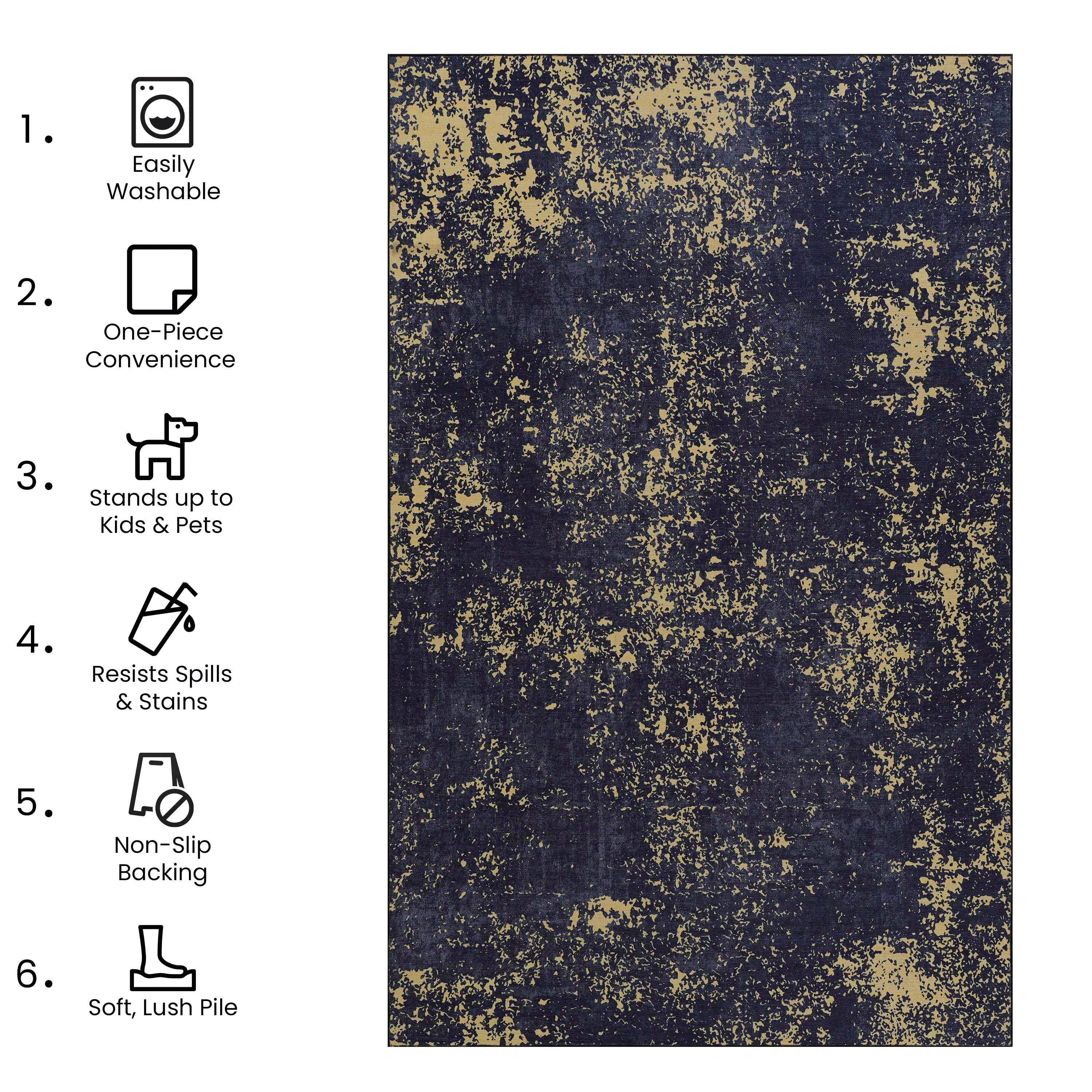 Naar 2x3 Machine Washable Area Rugs, Low-Pile, Non-Slip, Non-Shedding, Foldable, Kid & Pet Friendly - Area Rugs for living room, bedroom, kitchen, dining room rug - Perfect Gift, (Black+Gold, 2' x 3')