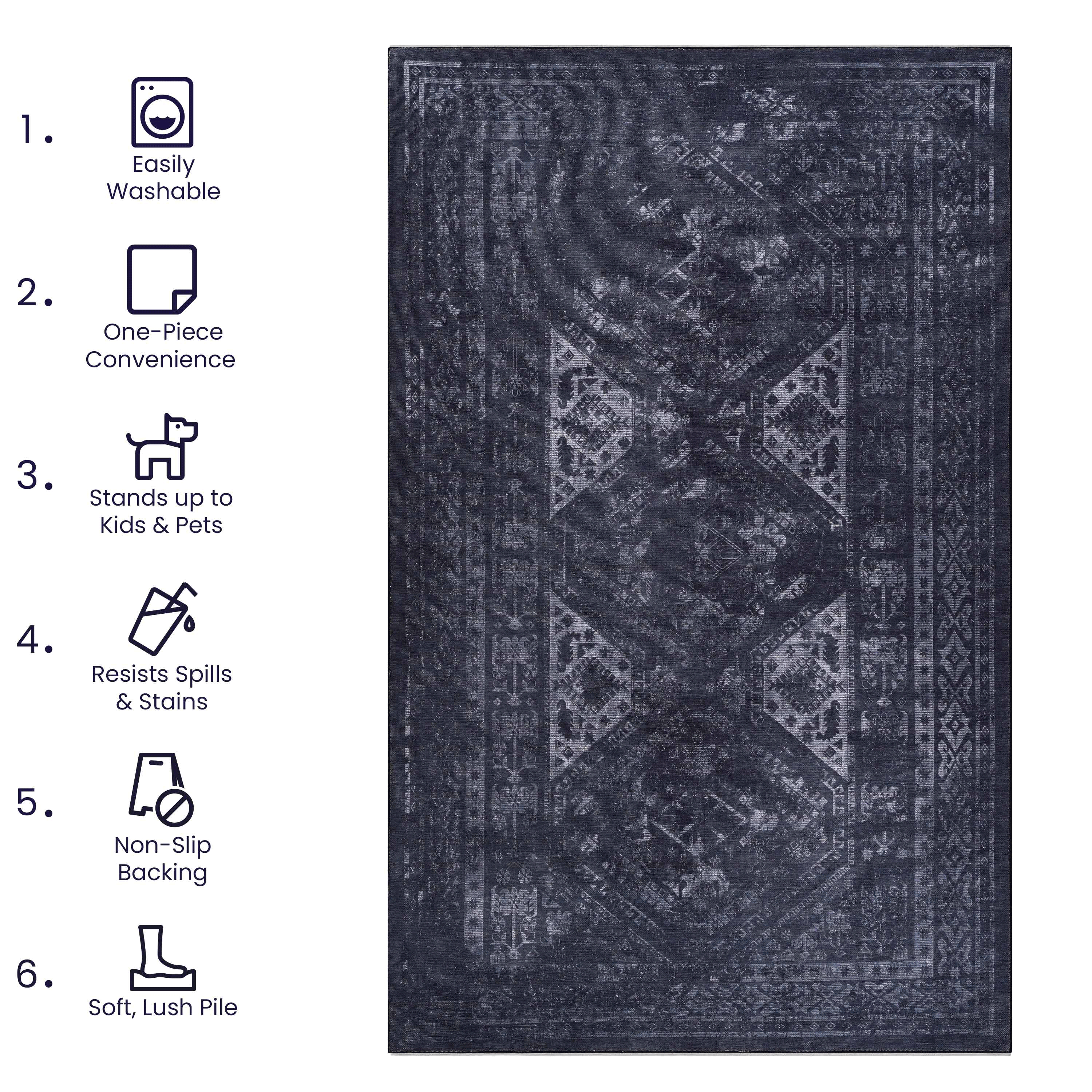 Naar 2x3, Machine Washable Area Rugs, Low-Pile, Non-Slip, Non-Shedding, Foldable, Kid & Pet Friendly - Area Rugs for living room, bedroom, kitchen, dining room rug - Perfect Gift, (Black+ Gray, 2'x3')