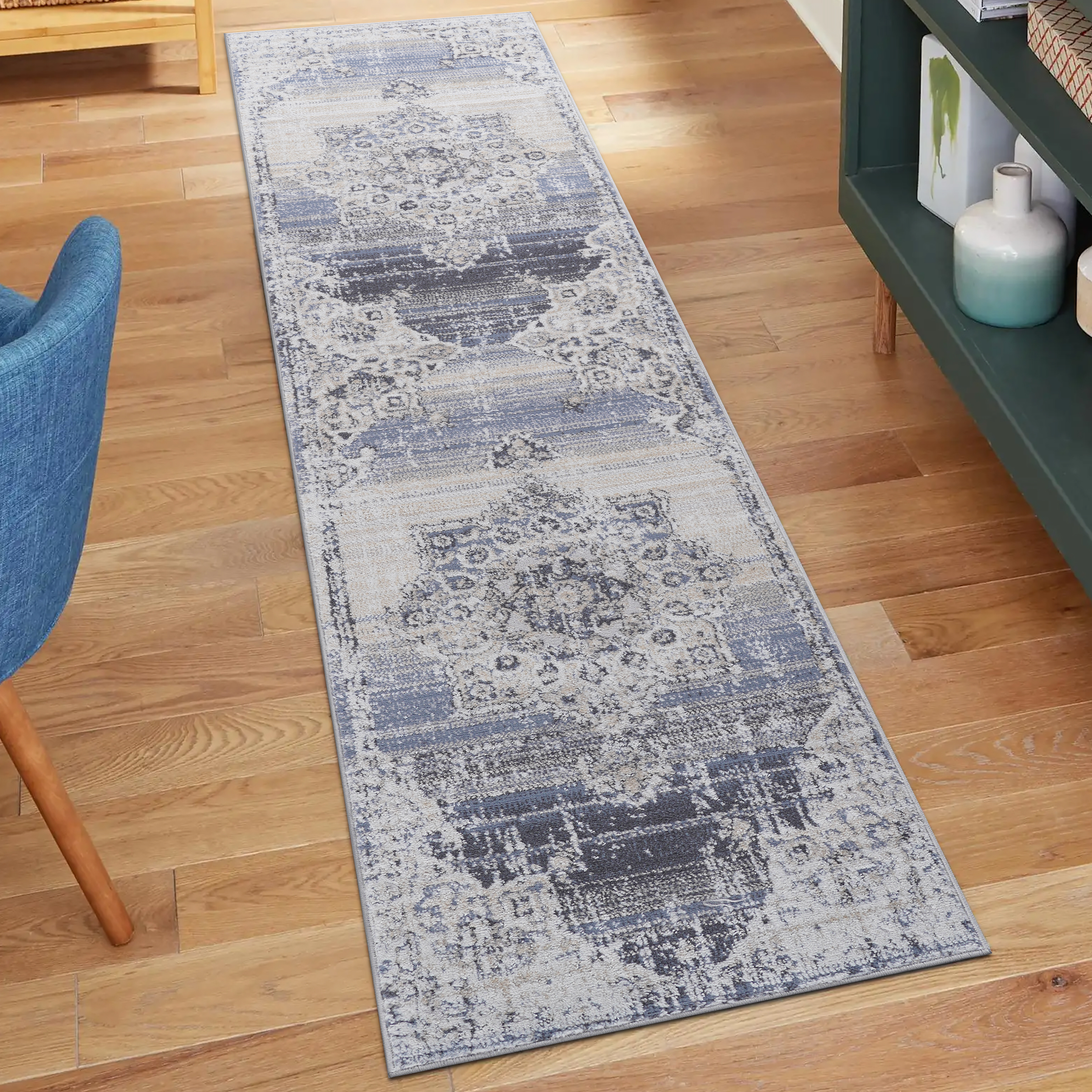 NAAR PAYAS Collection 2X8 Cream/Blue /Medallion Non-Shedding Living Room Bedroom Dining Home Office Stylish and Stain Resistant Area Rug