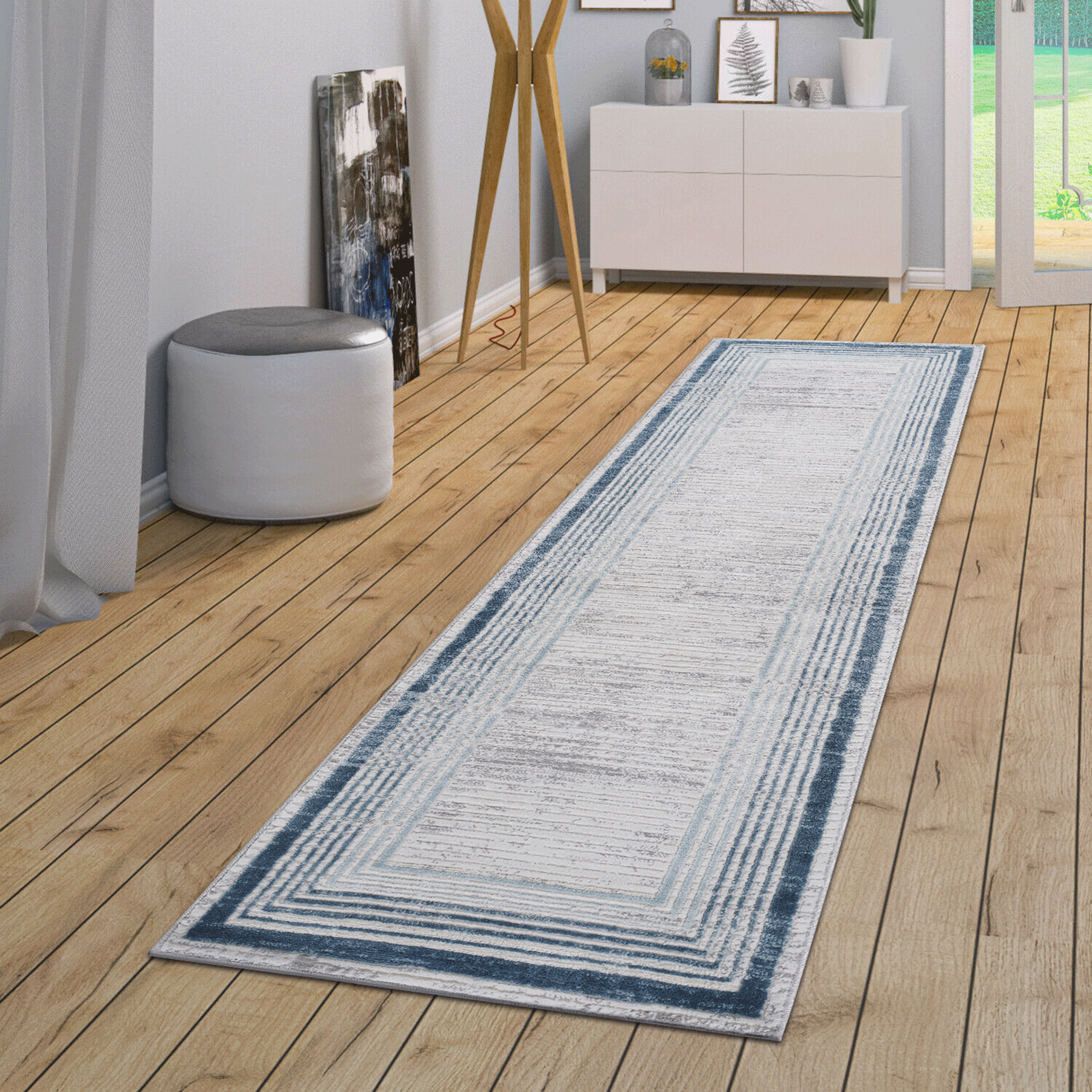 NAAR MARFI Collection 2X8 Blue/Ivory/Bordered Non-Shedding Living Room Bedroom Dining Home Office Stylish and Stain Resistant Area Rug