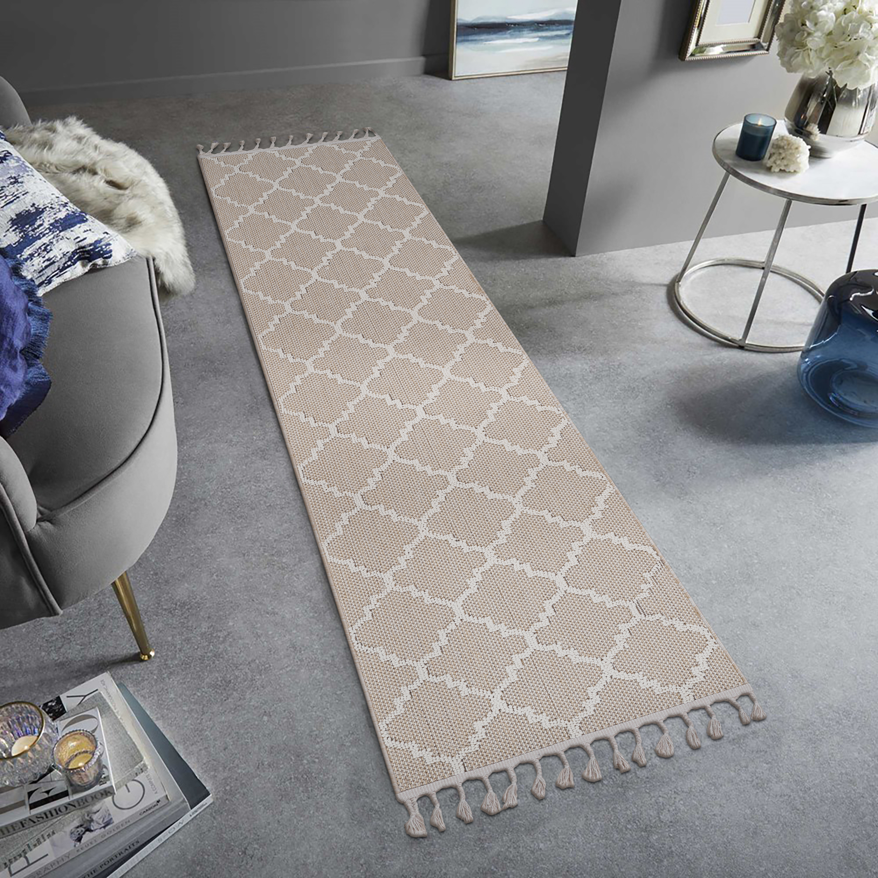 NAAR Guros Collection 2X8 Ivory /Trellis Indoor/Outdoor Area Rug