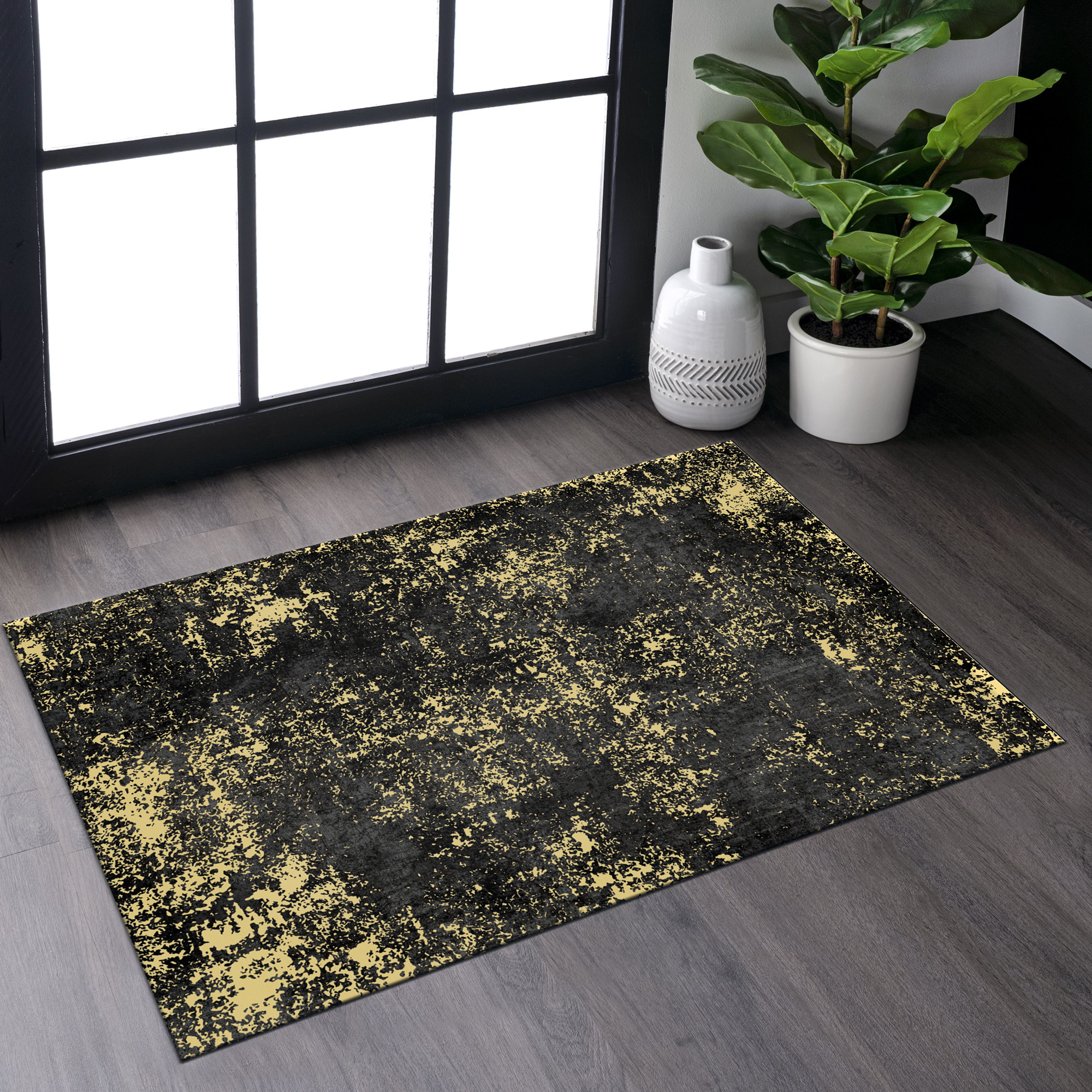 Naar 2x3 Machine Washable Area Rugs, Low-Pile, Non-Slip, Non-Shedding, Foldable, Kid & Pet Friendly - Area Rugs for living room, bedroom, kitchen, dining room rug - Perfect Gift, (Black+Gold, 2' x 3')