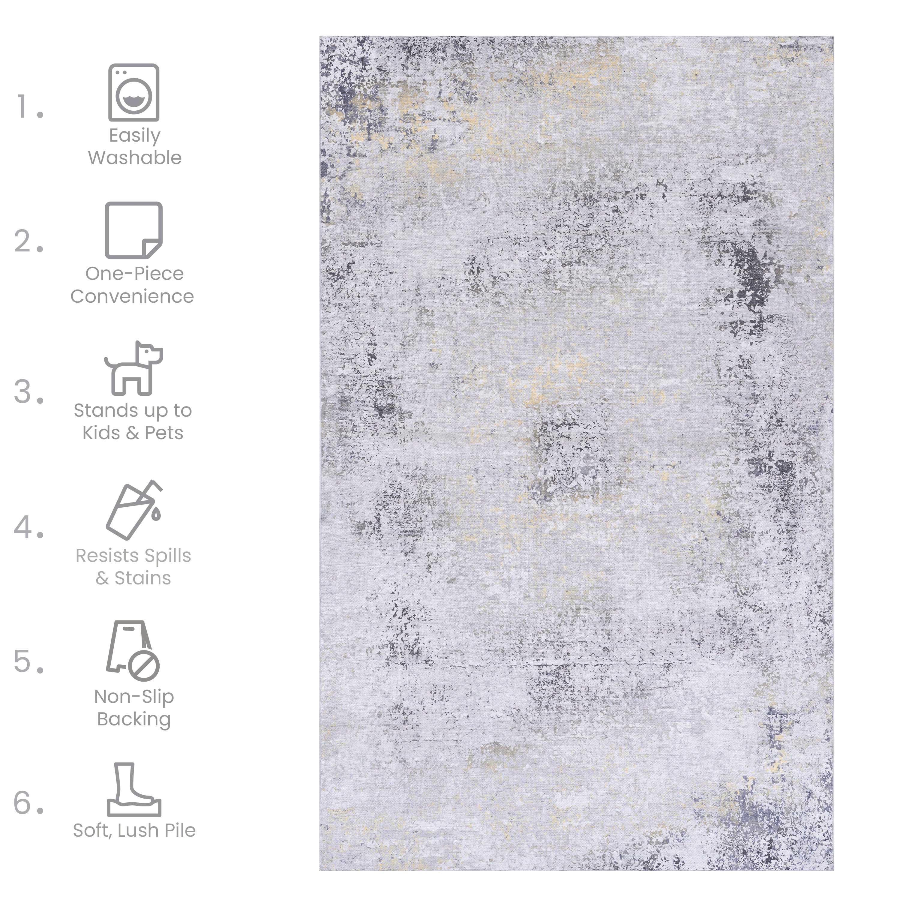 Naar 2x3, Machine Washable Area Rugs, Low-Pile, Non-Slip, Non-Shedding, Foldable, Kid & Pet Friendly - Area Rugs for living room, bedroom, kitchen, dining room rug - Perfect Gift, (Gray/Gold, 2' x 3')