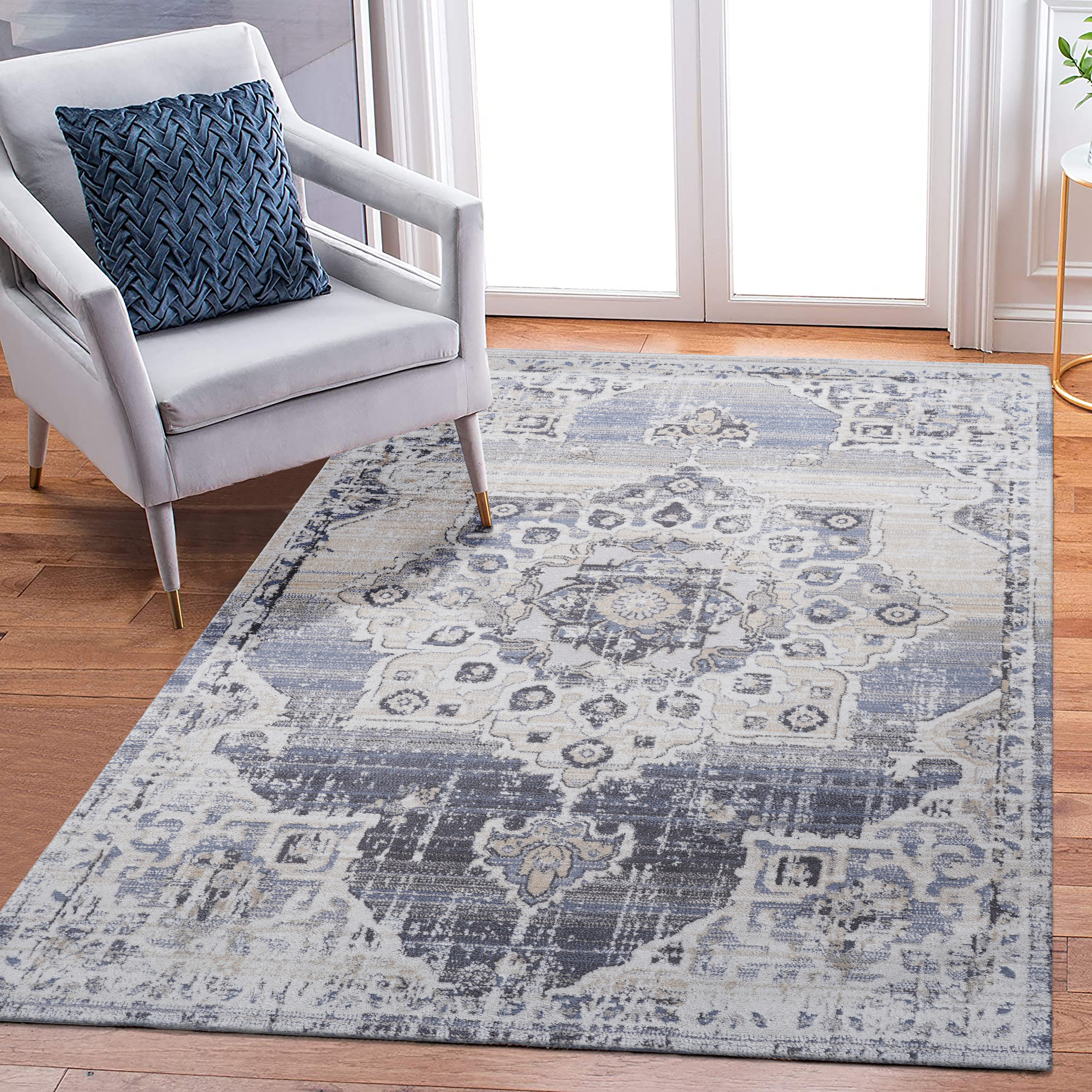 NAAR PAYAS Collection 5X7 Cream/Blue /Medallion Non-Shedding Living Room Bedroom Dining Home Office Stylish and Stain Resistant Area Rug