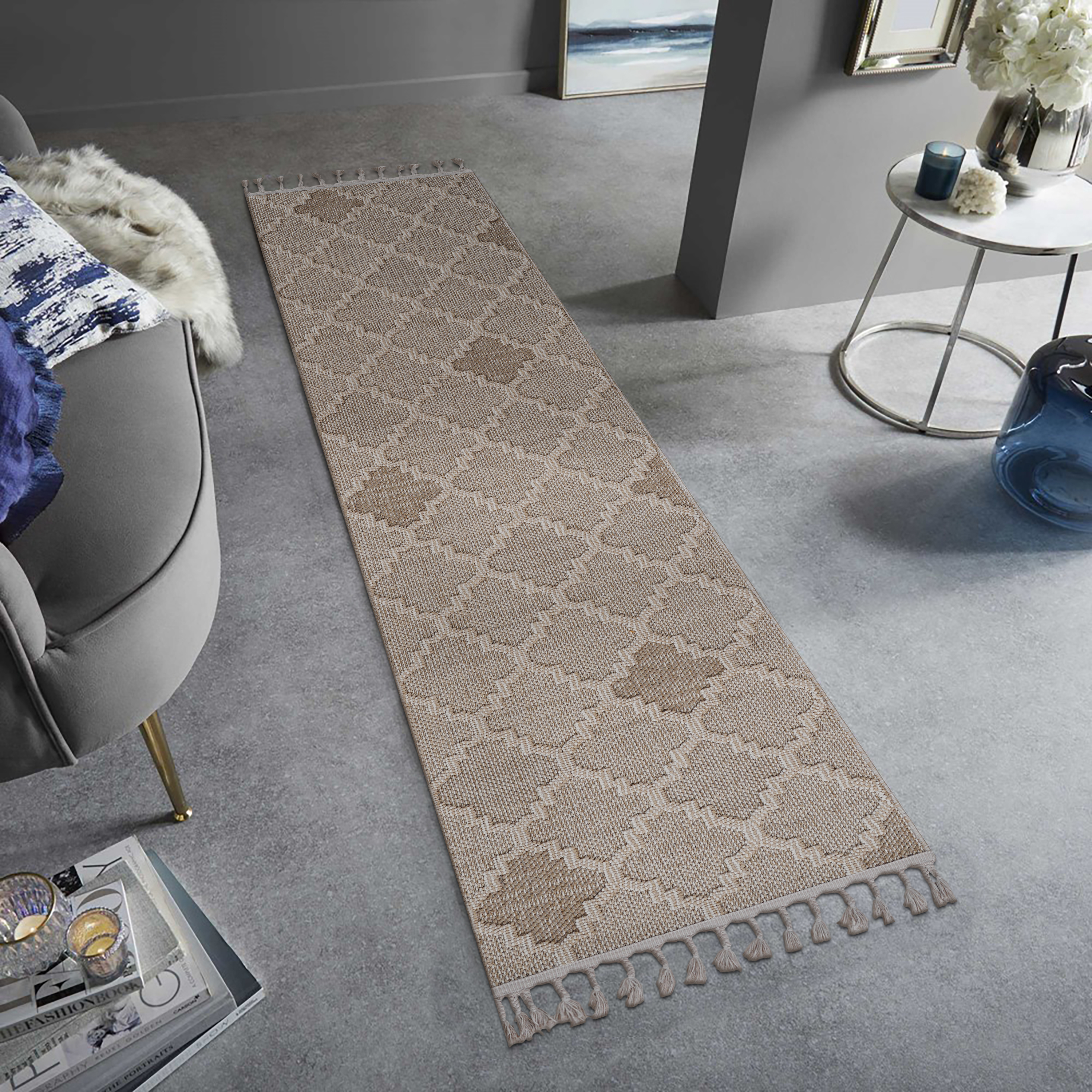 NAAR Guros Collection 2X8 Cream /Trellis Indoor/Outdoor Area Rug