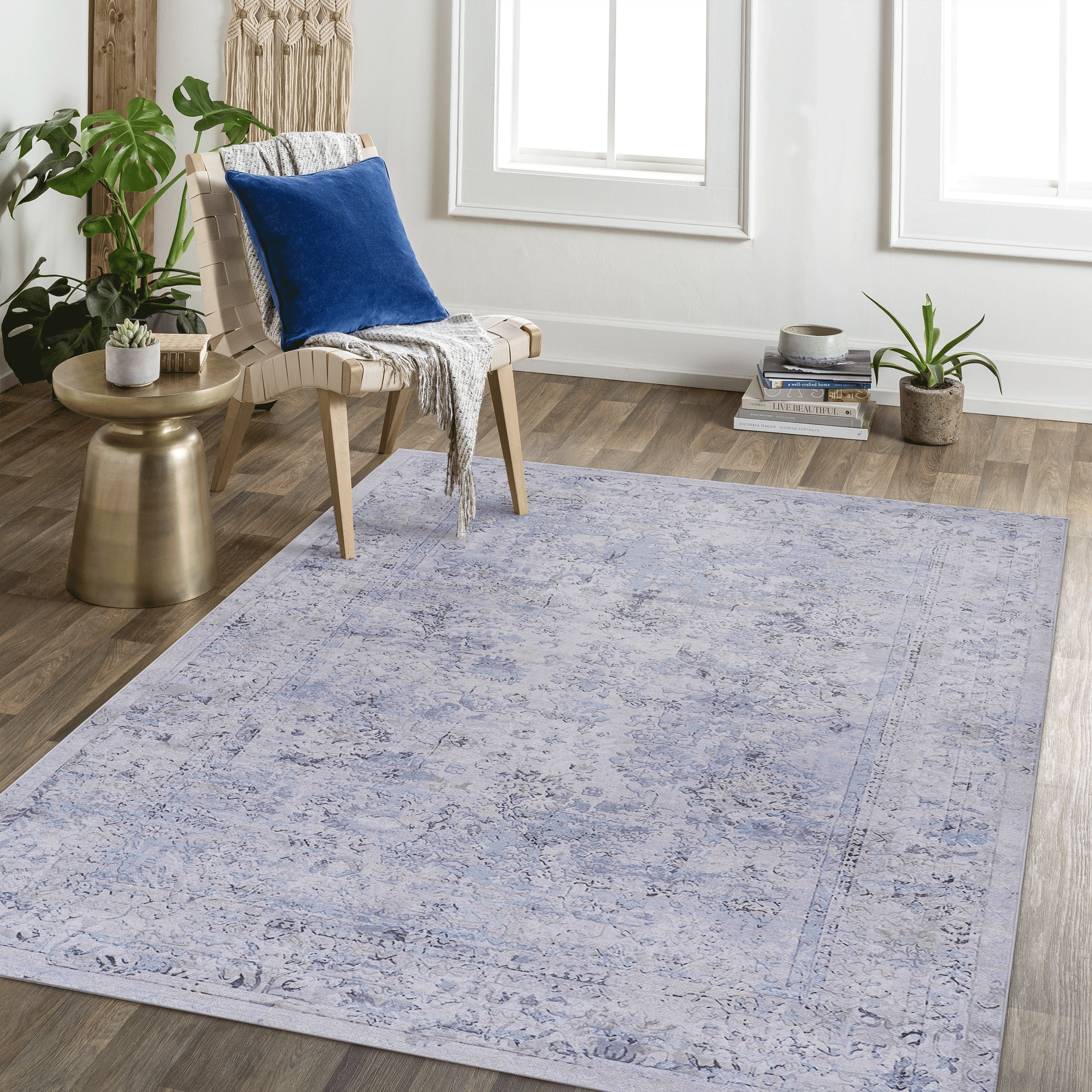 Naar Area Rug 6x9, Washable Rug, Low-Pile, Non-Slip, Non-Shedding, Foldable, Kid & Pet Friendly - Area Rugs for living room, bedroom, kitchen, dining room rug - Perfect Gifts, (Blue+Cream, 6' x 9')