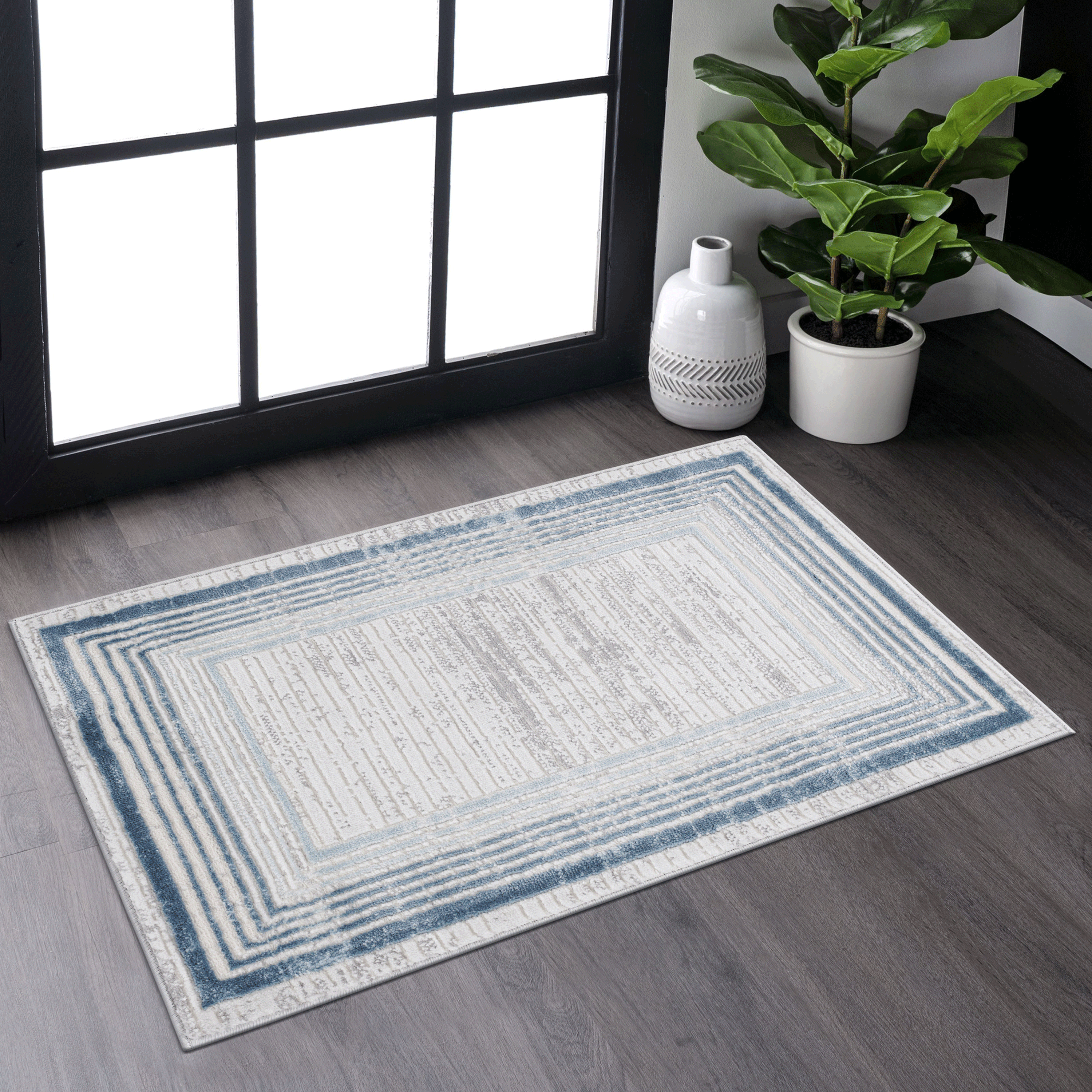 NAAR MARFI Collection 2X3 Blue/Ivory/Bordered Non-Shedding Living Room Bedroom Dining Home Office Stylish and Stain Resistant Area Rug